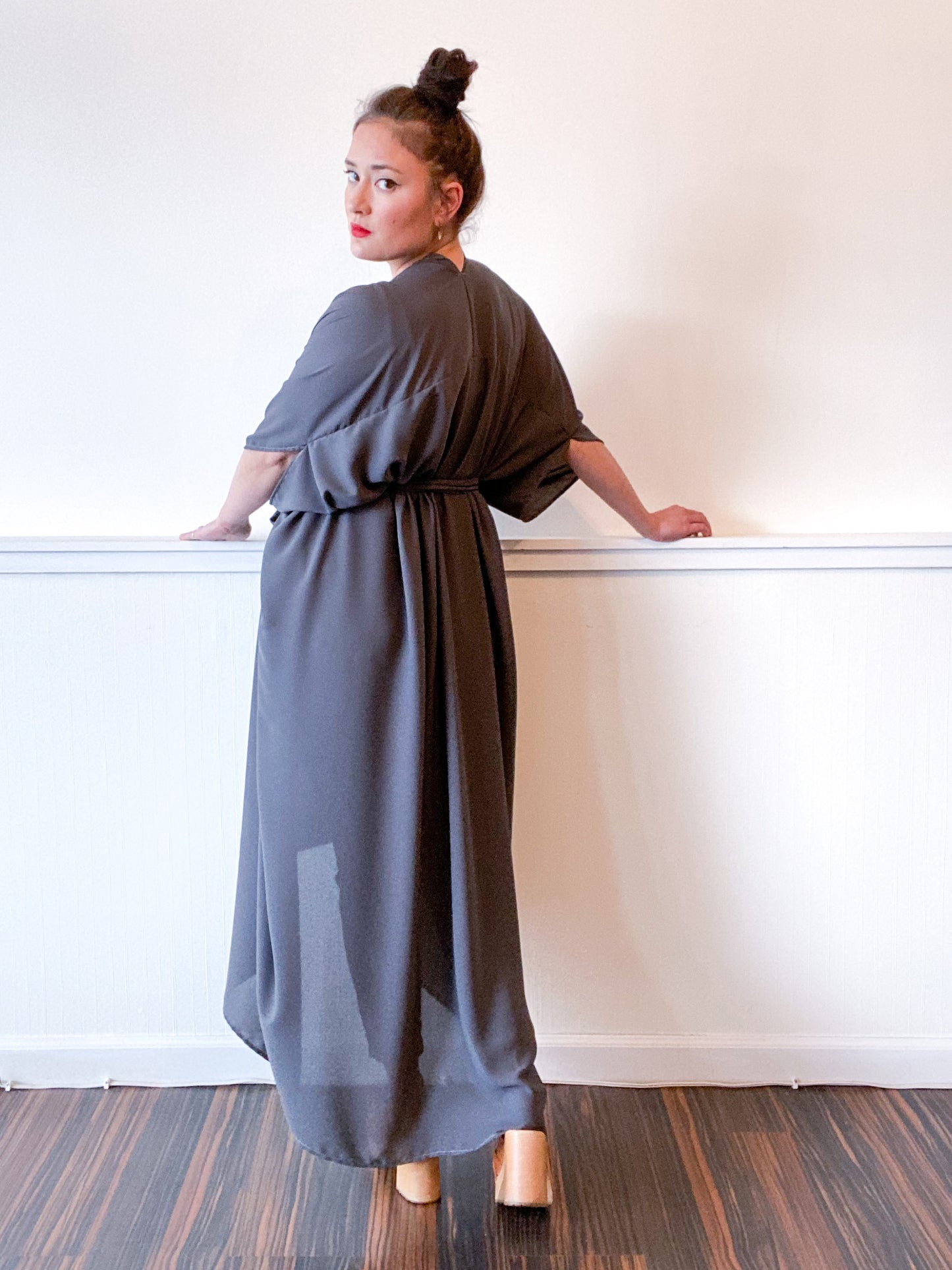 Print High Low Kimono Solid Grey Georgette