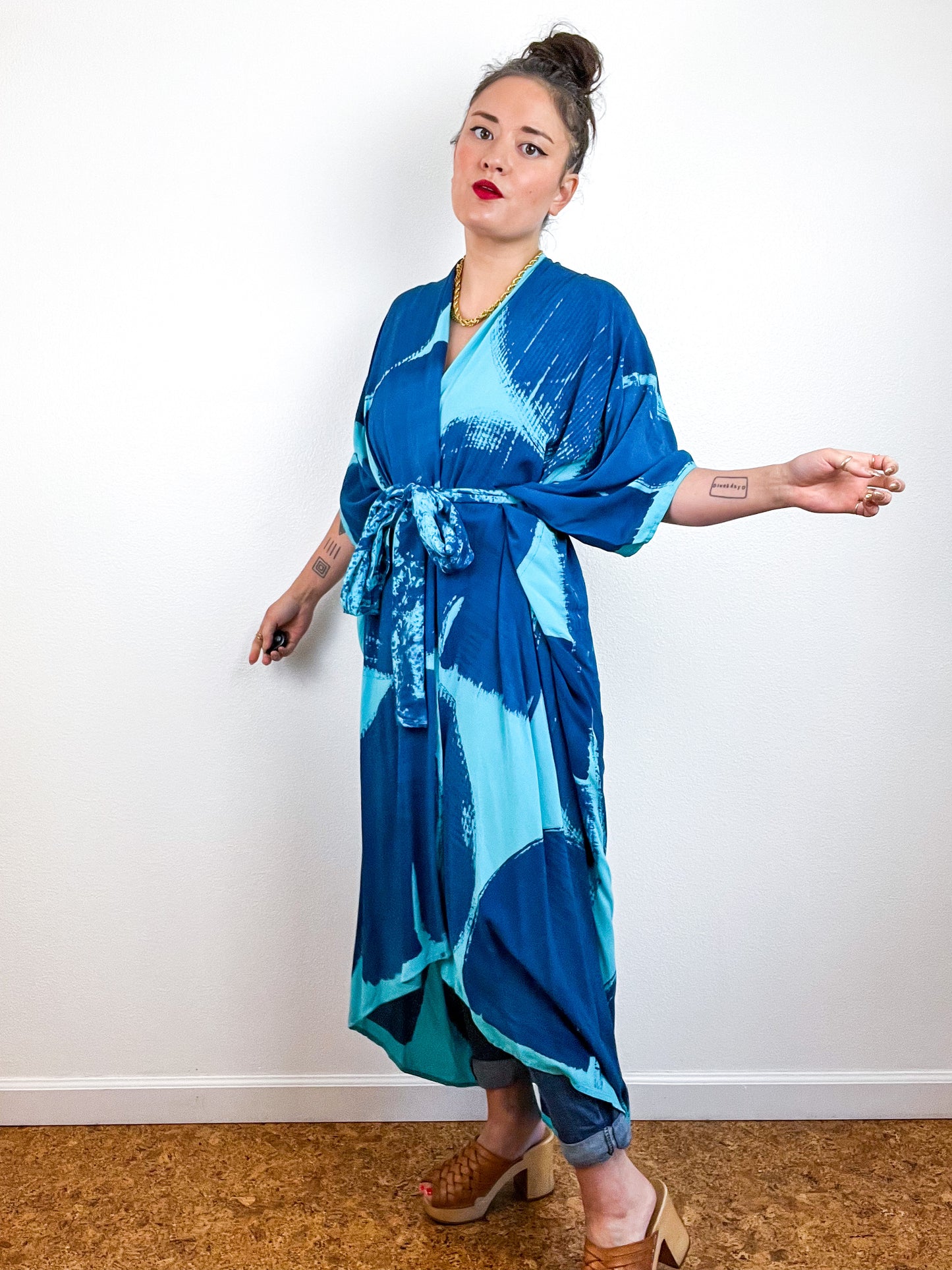 Hand-Dyed High Low Kimono Aqua Indigo Brushstroke