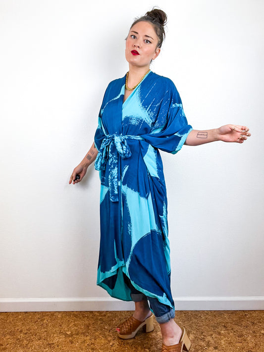 Hand-Dyed High Low Kimono Aqua Indigo Brushstroke