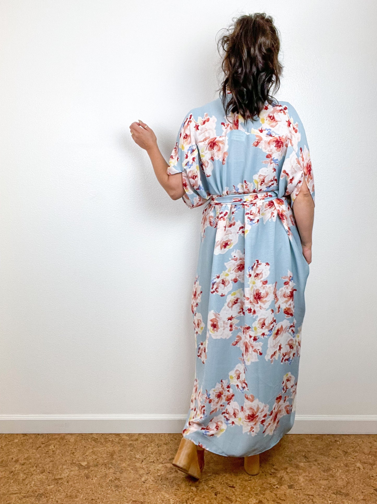 Print High Low Kimono Blue Peach Floral Crinkle Gauze