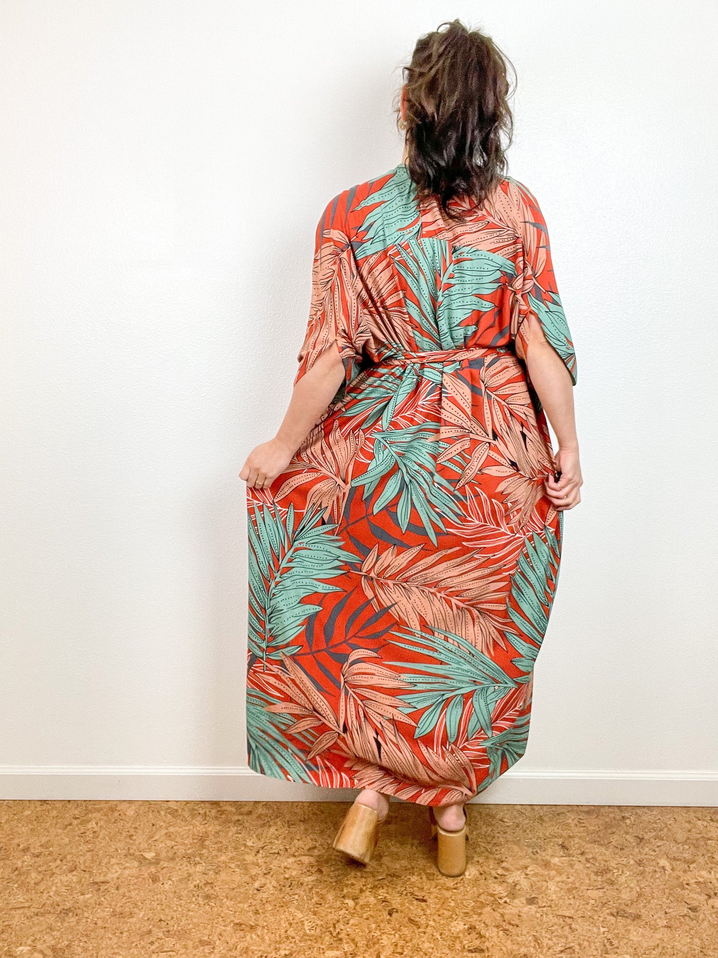 Print High Low Kimono Rust Aqua Palm Leaves Challis