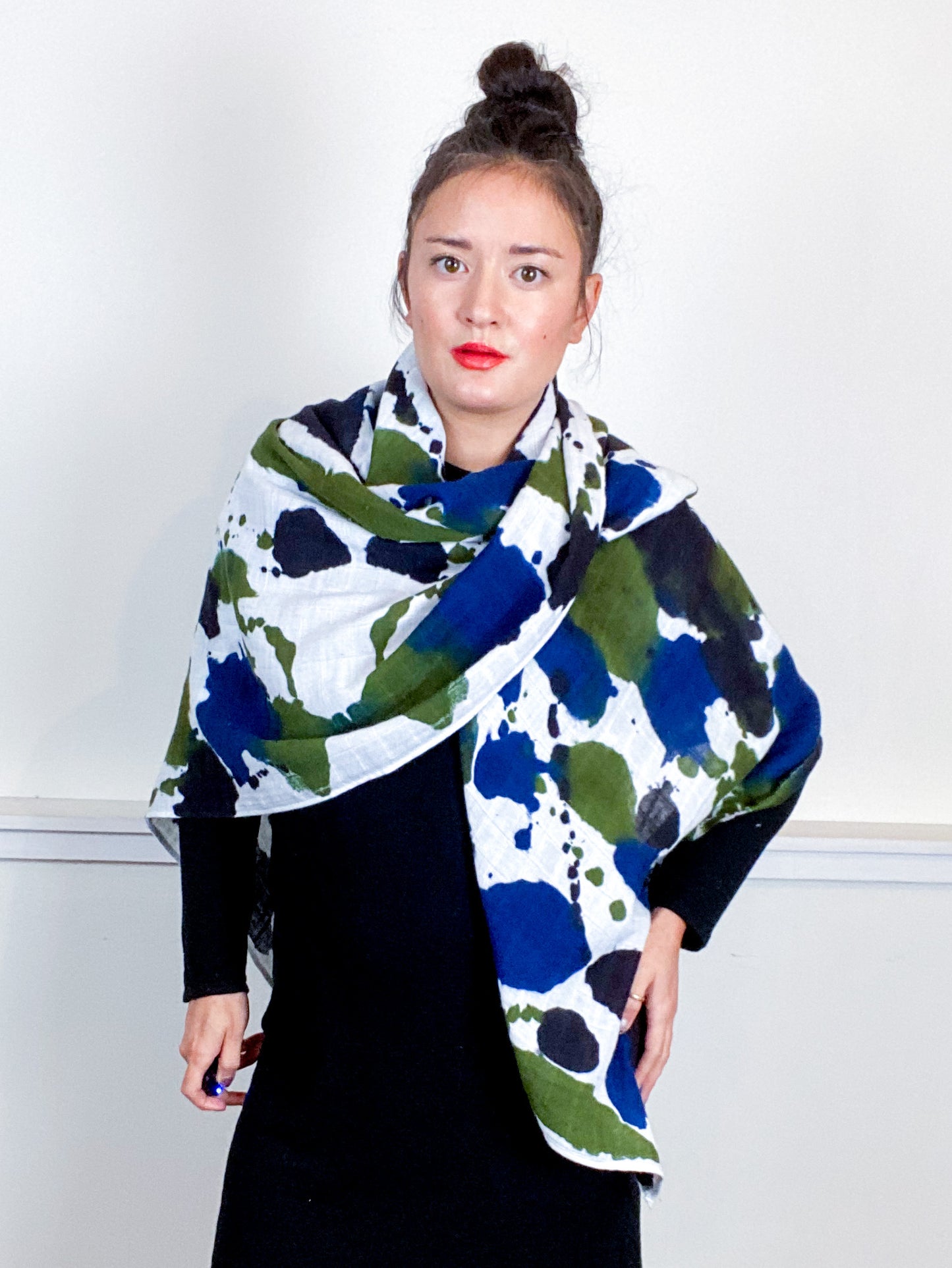 Hand-Dyed Large Square Scarf Indigo Moss Raven