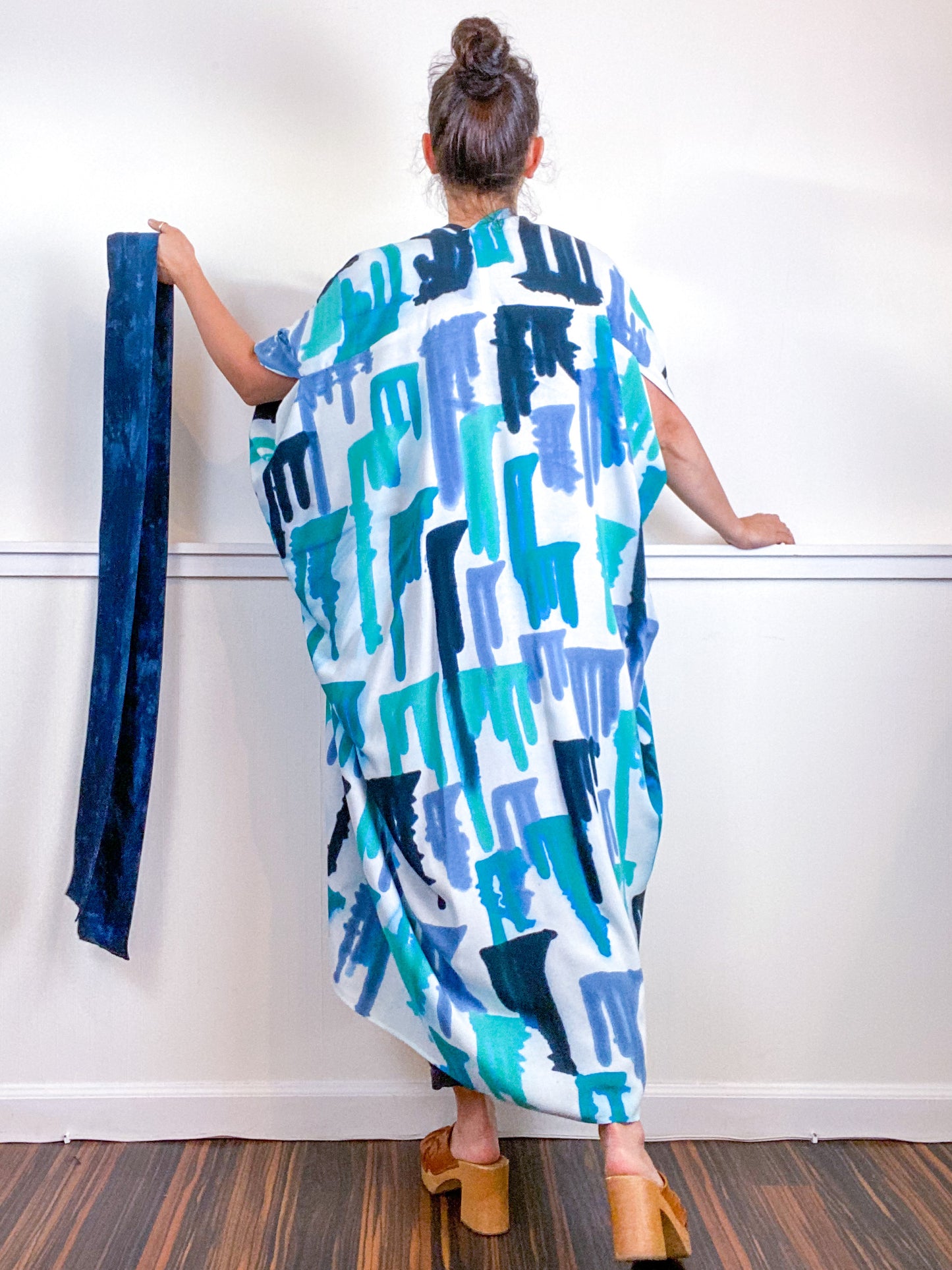 OOAK Hand-Dyed High Low Kimono Teal Parakeet Baby Blue Aqua Drips