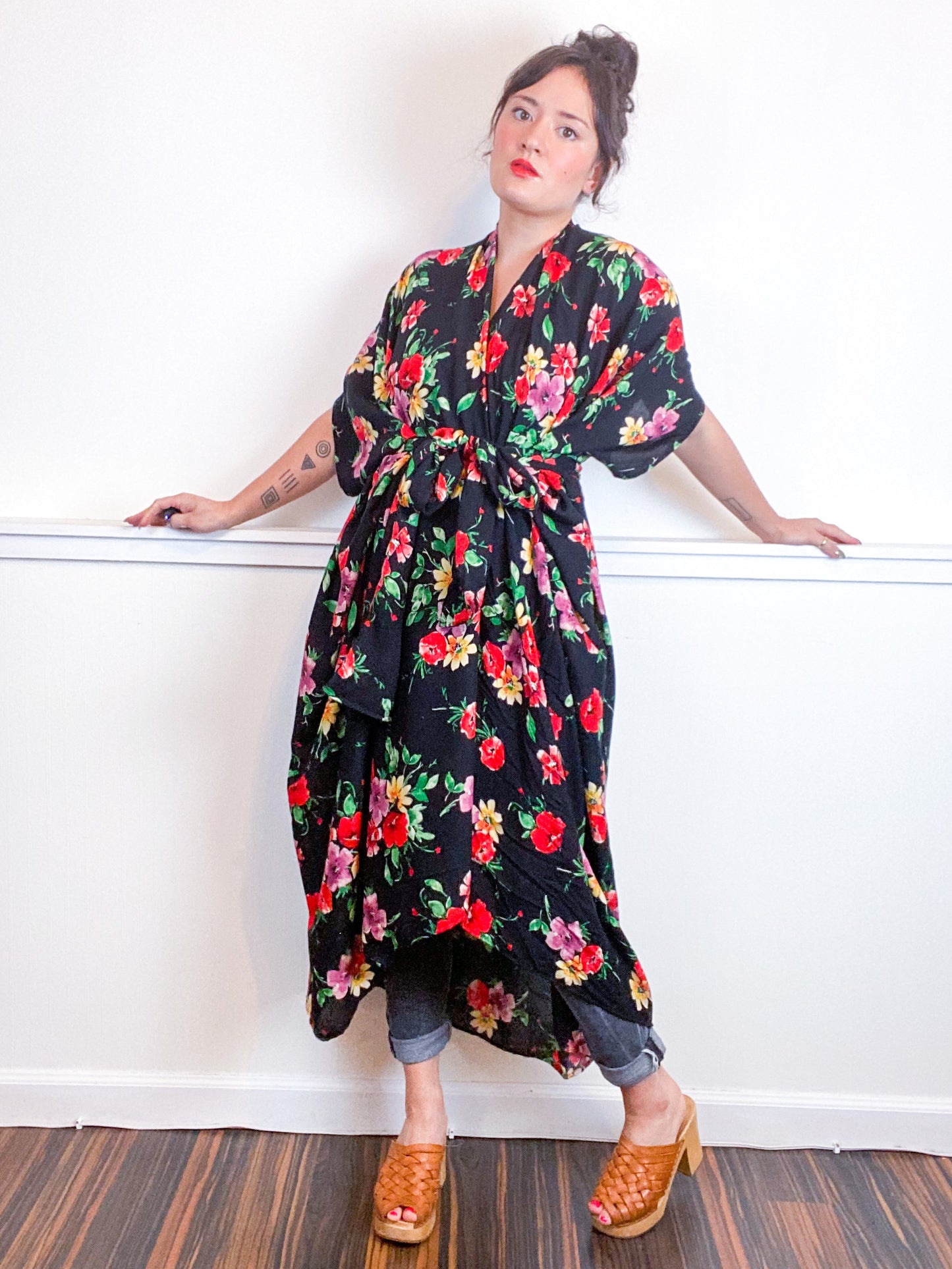 Print High Low Kimono Black Red Floral Rayon Challis