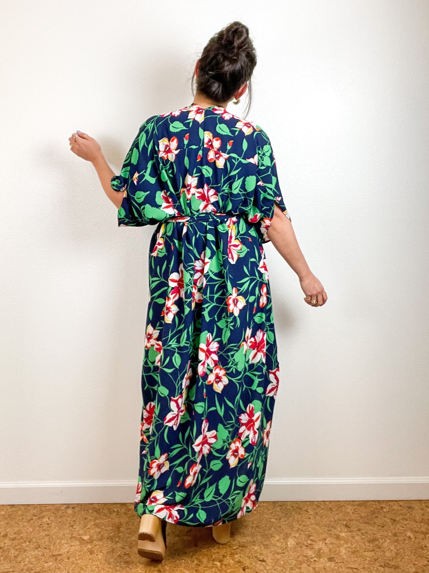 High Low Kimono Navy Hibiscus Bubble Crepe