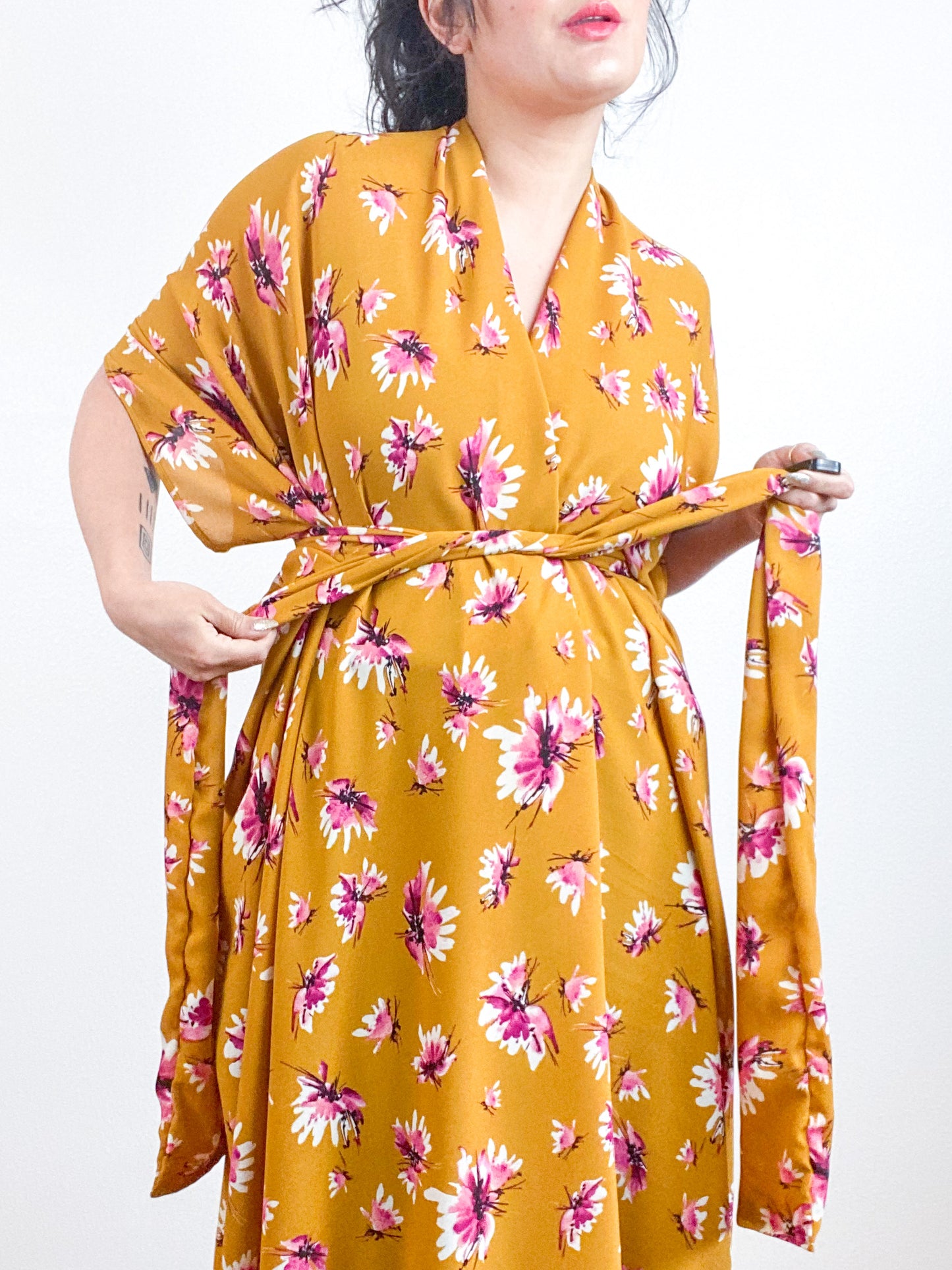 Print High Low Kimono Golden Floral Crepe