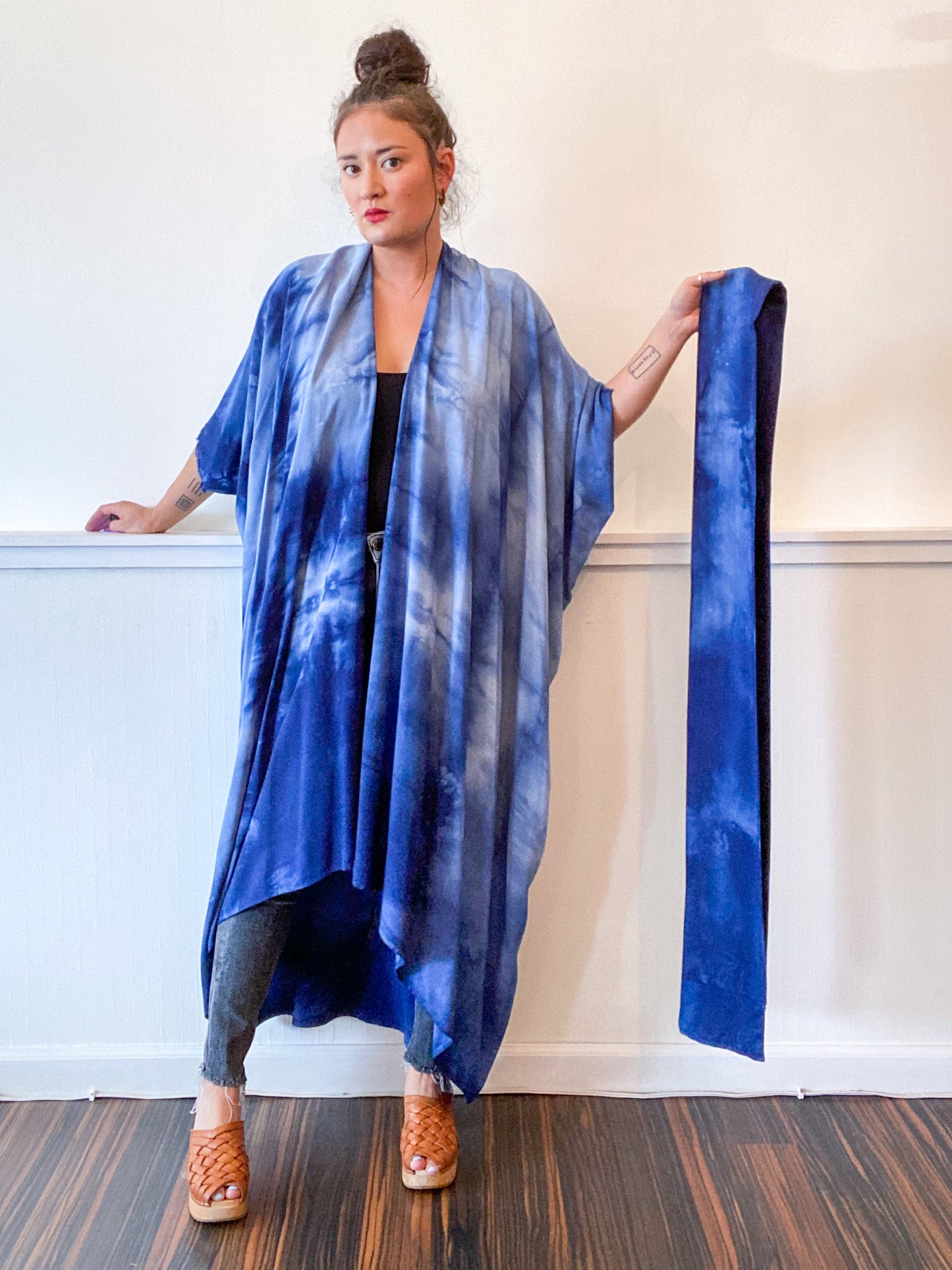 Hand-Dyed High Low Kimono Soft Blue Lines