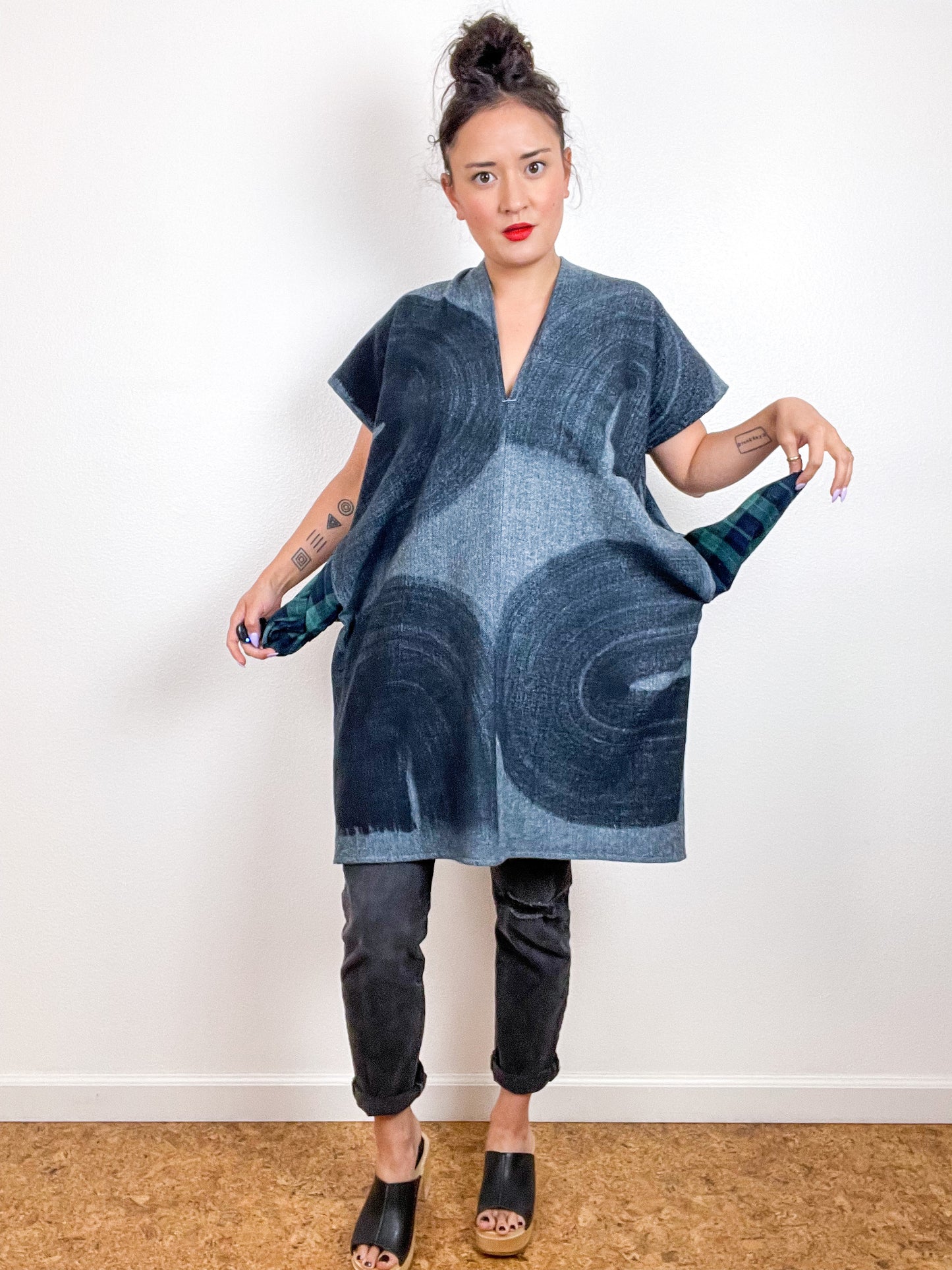 Hand-Dyed Flannel Smock Dress Blue Herringbone Brushstrokes
