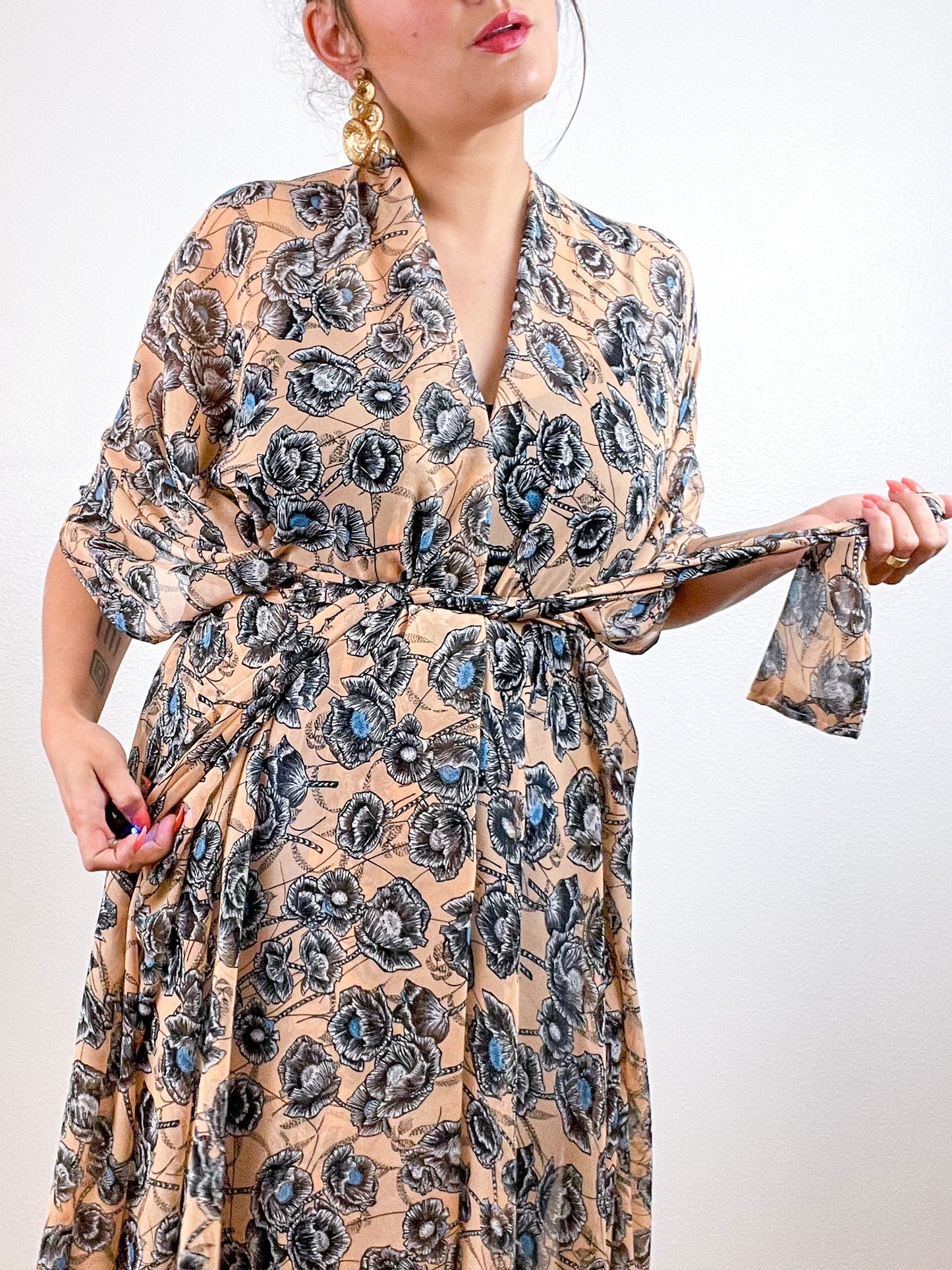 Print High Low Kimono Peach Poppy Floral Chiffon
