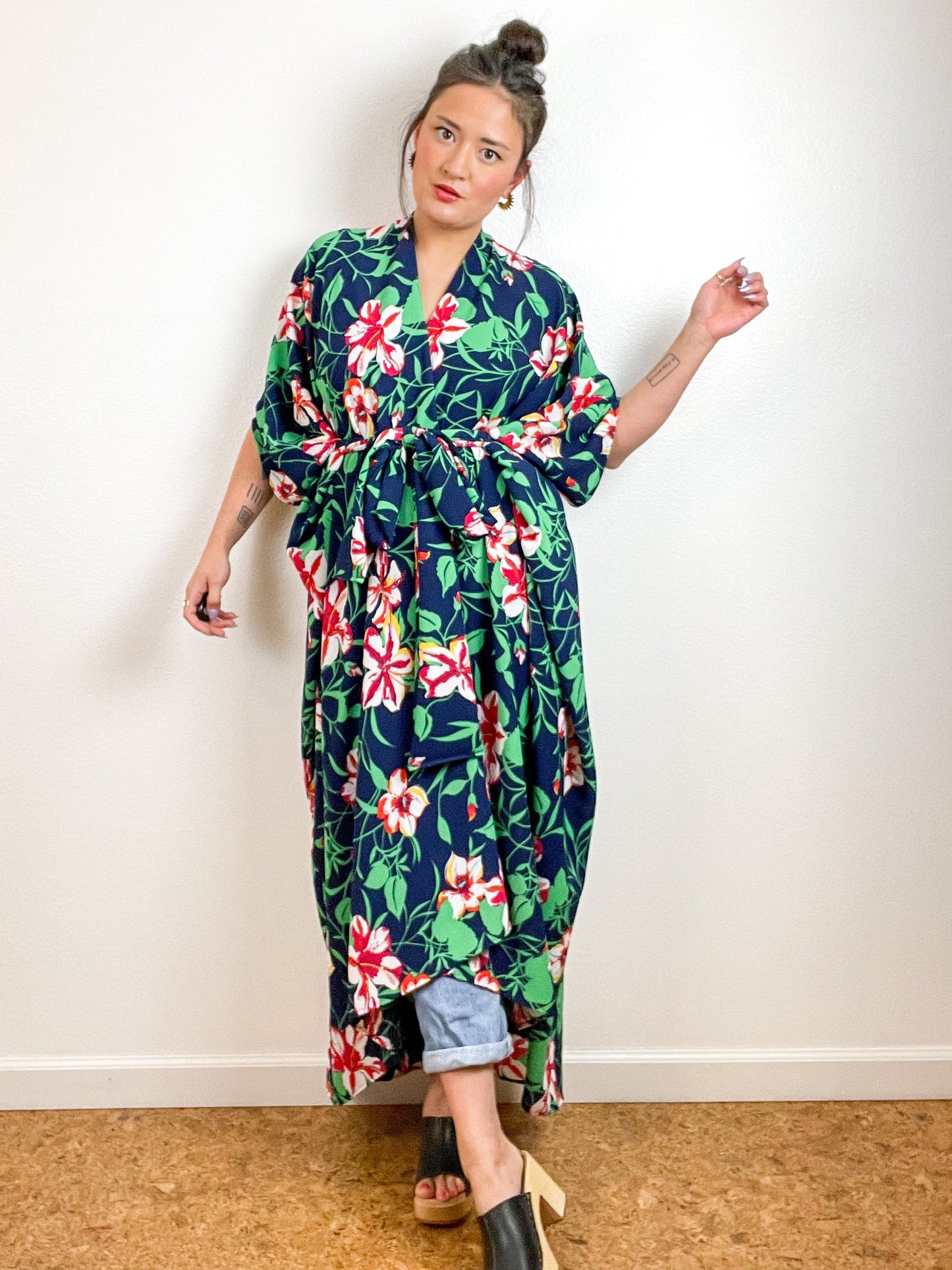 High Low Kimono Navy Hibiscus Bubble Crepe