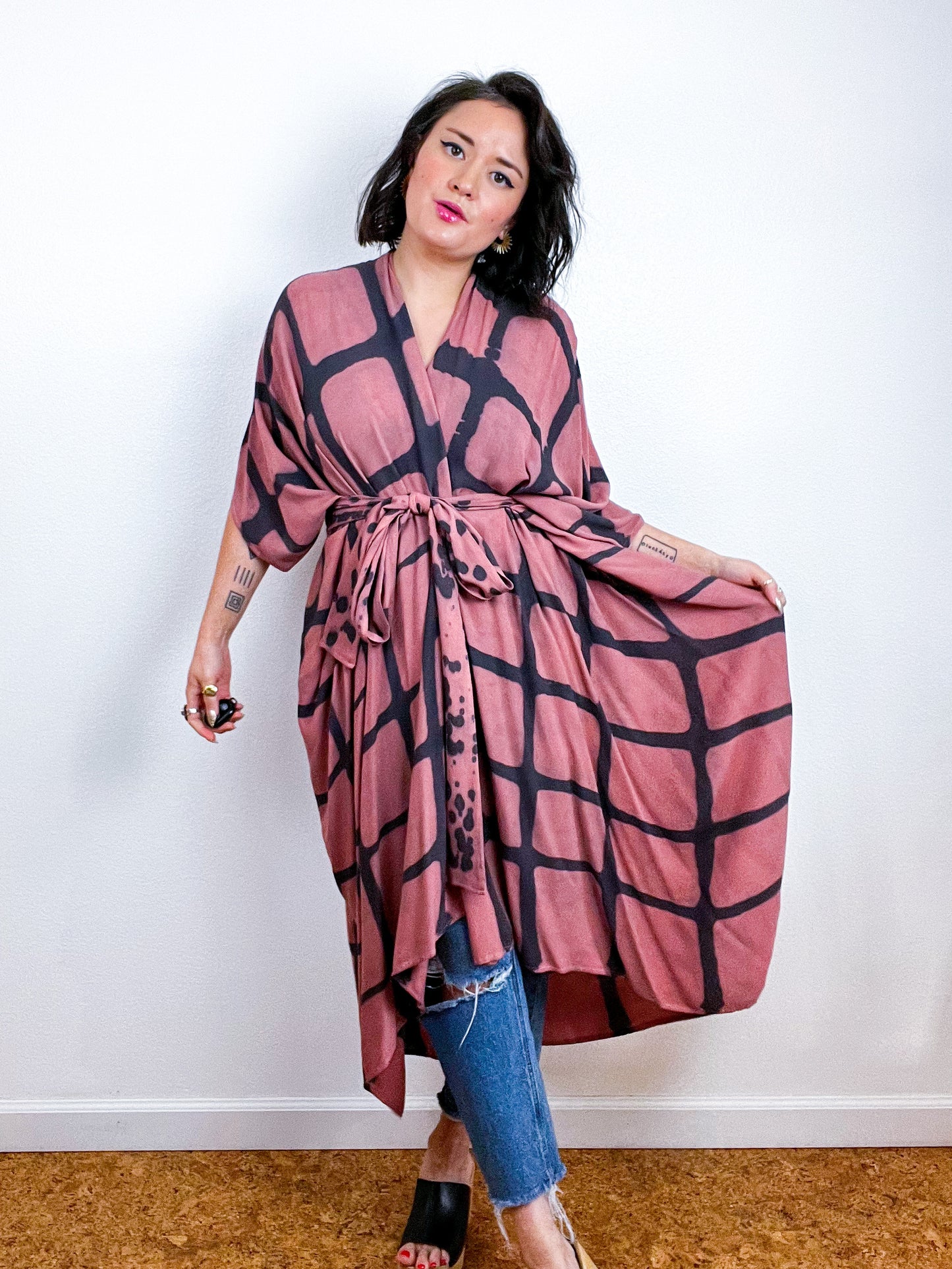 Hand-Dyed High Low Kimono Mauve Grey Windowpane