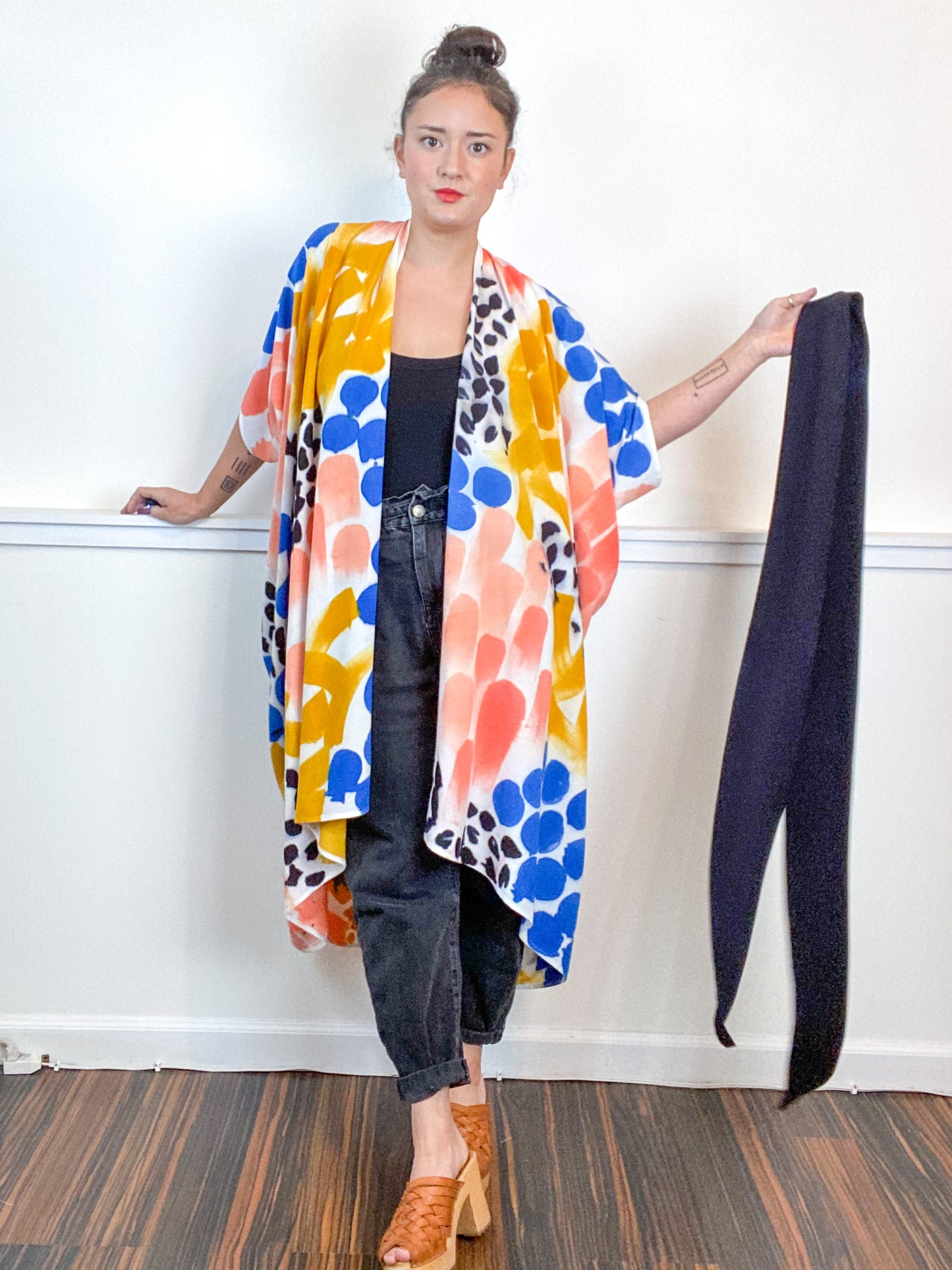 OOAK Hand-Dyed High Low Kimono Coral Raven Marigold Sky