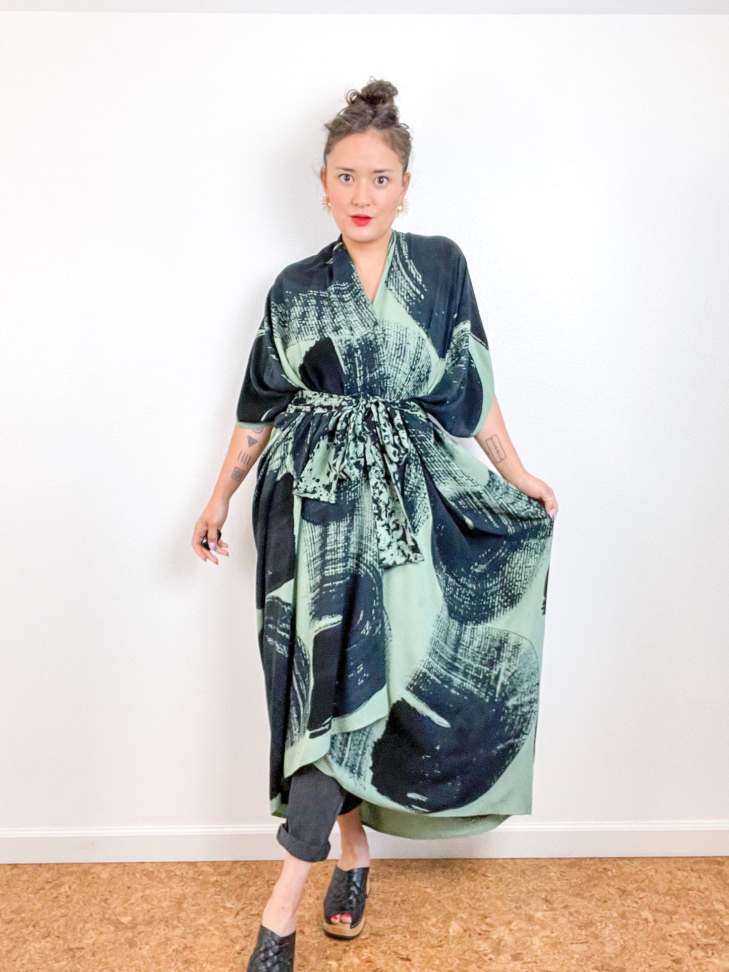 Hand-Dyed High Low Kimono Sage Black Brushstroke