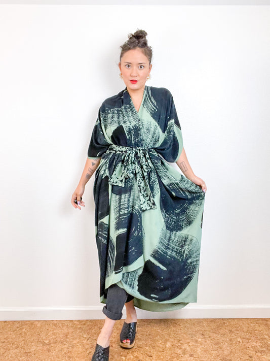 Hand-Dyed High Low Kimono Sage Black Brushstroke