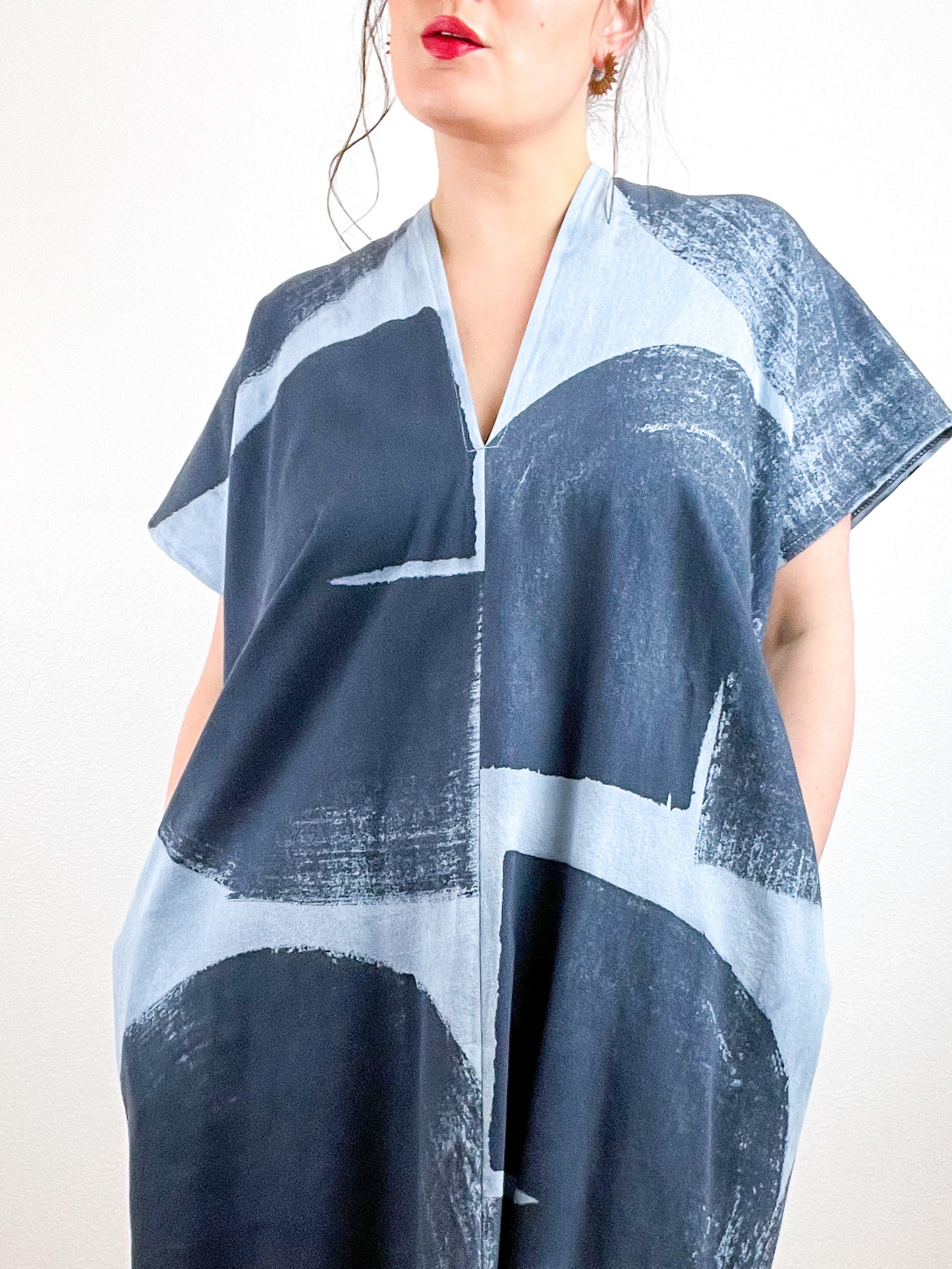 Denim Smock Dress Hand-Dyed Brushstrokes