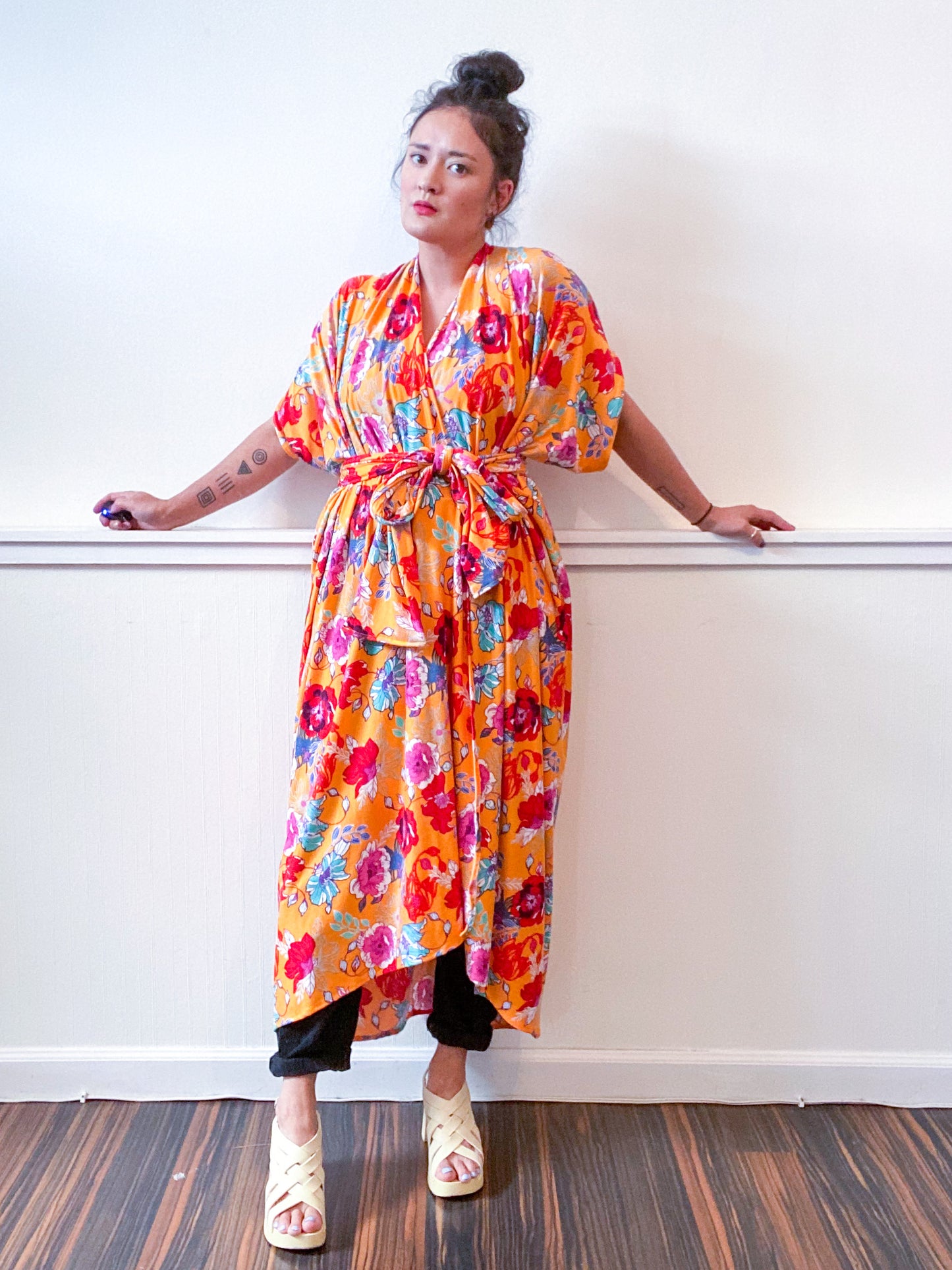 Print High Low Kimono Goldenrod Floral Knit