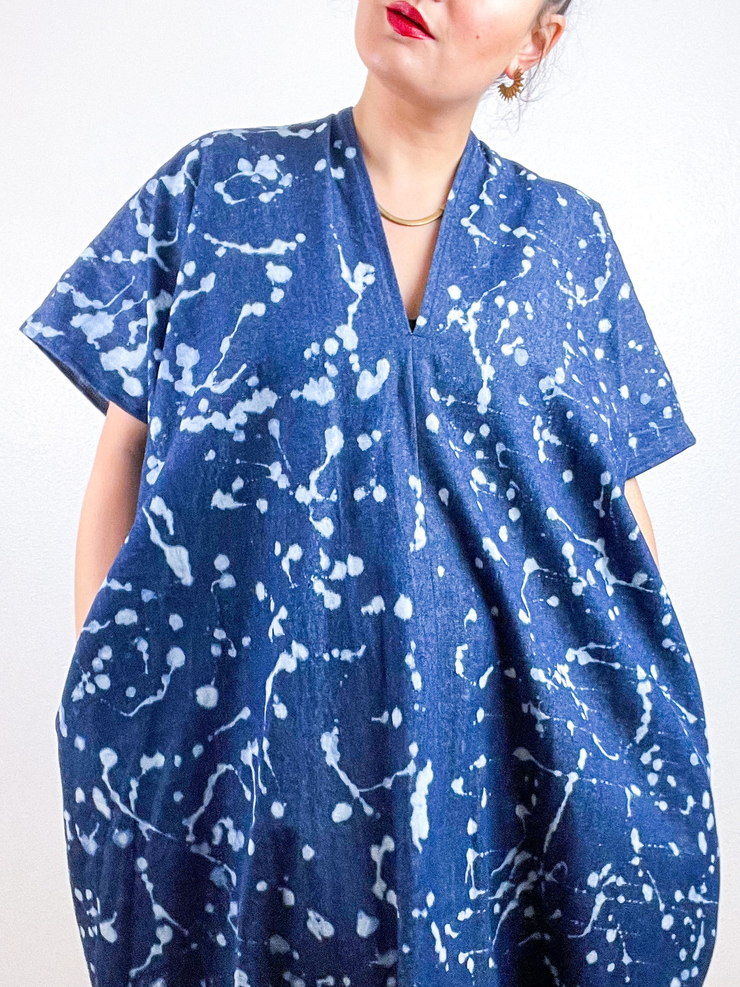 Denim Smock Dress Midi Bleach Speckles