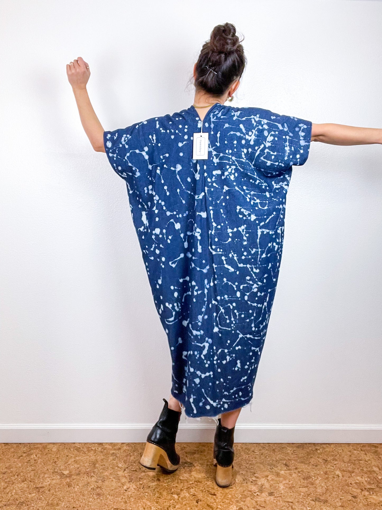 Denim Smock Dress Midi Bleach Speckles