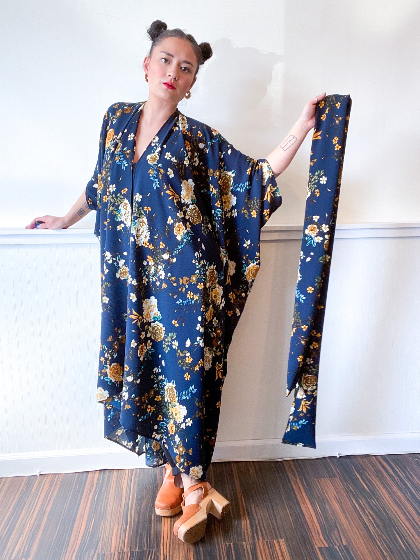 High Low Kimono Navy Yellow Floral Bubble Crepe