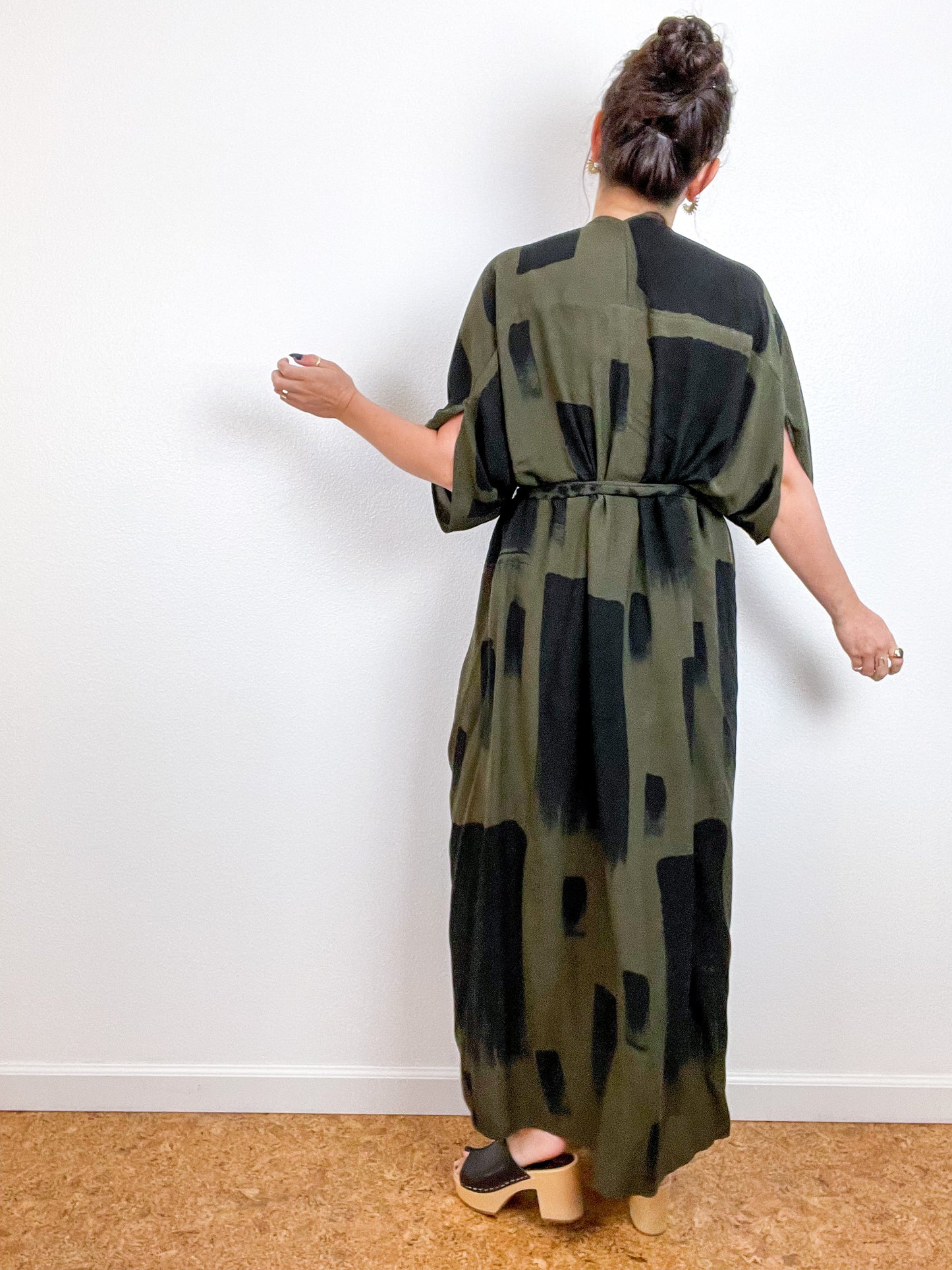 Hand-Dyed High Low Kimono Forest Black Rectangles