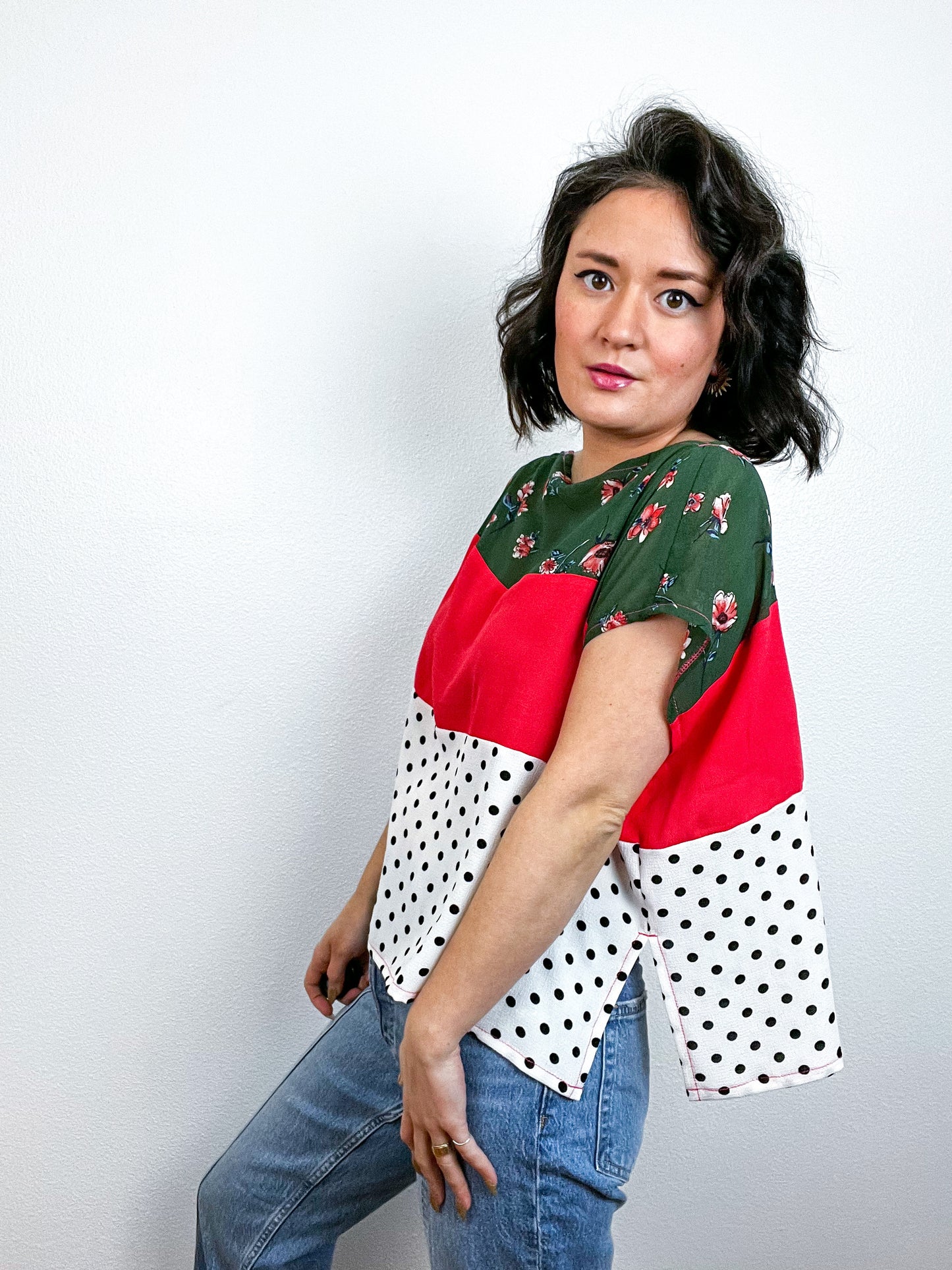 Scrappy Crop Olive Scarlet Floral Dots