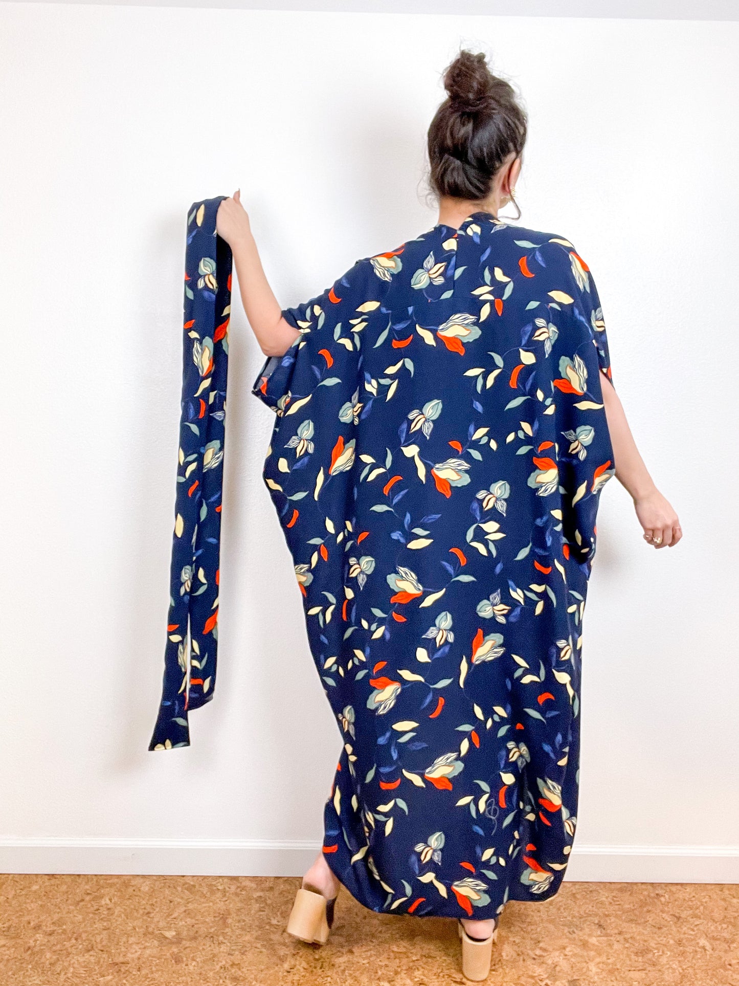 High Low Kimono Navy Orange Magnolias Rayon Challis