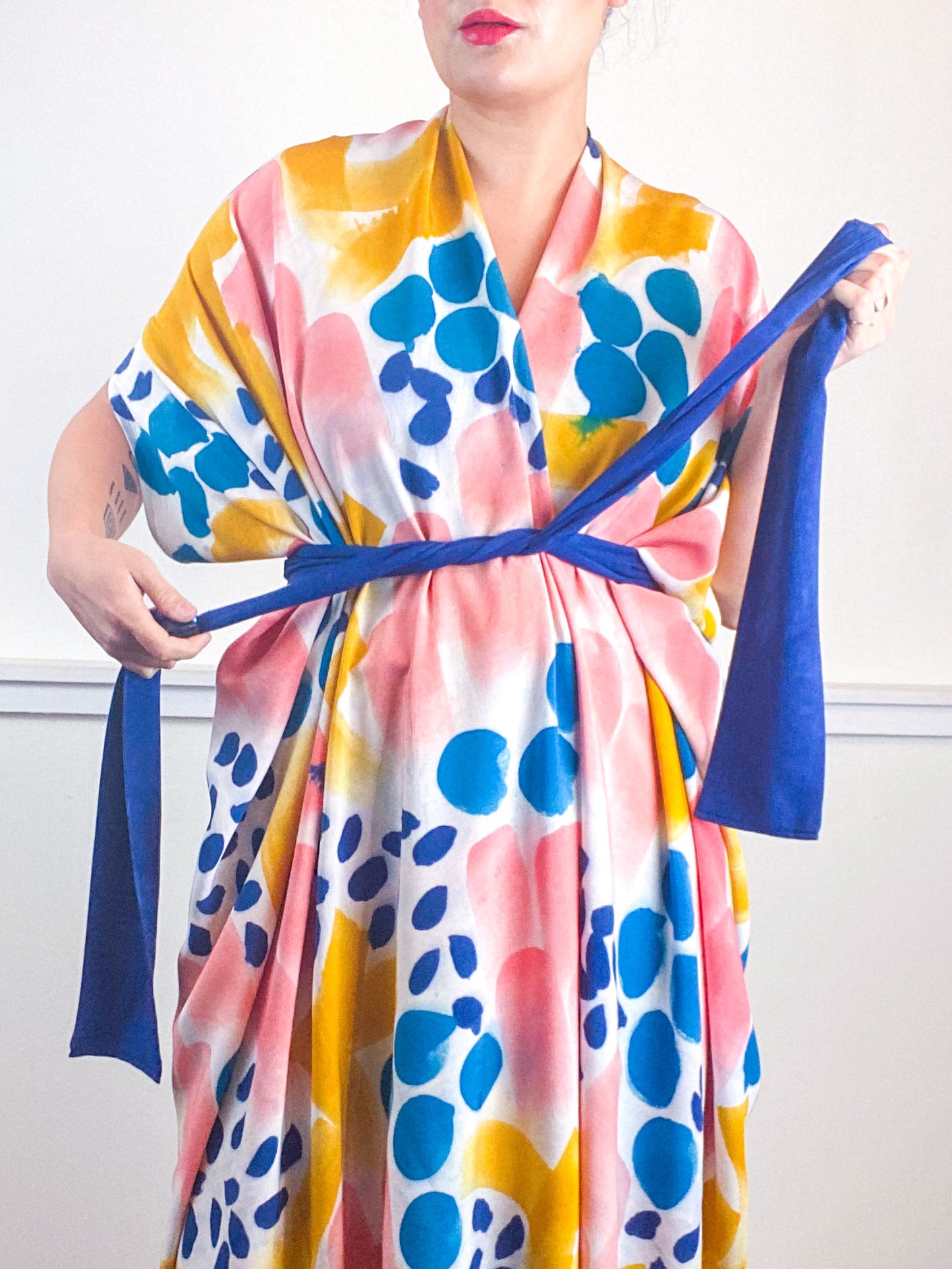 OOAK Hand-Dyed High Low Kimono Marigold Kingfisher Indigo Coral