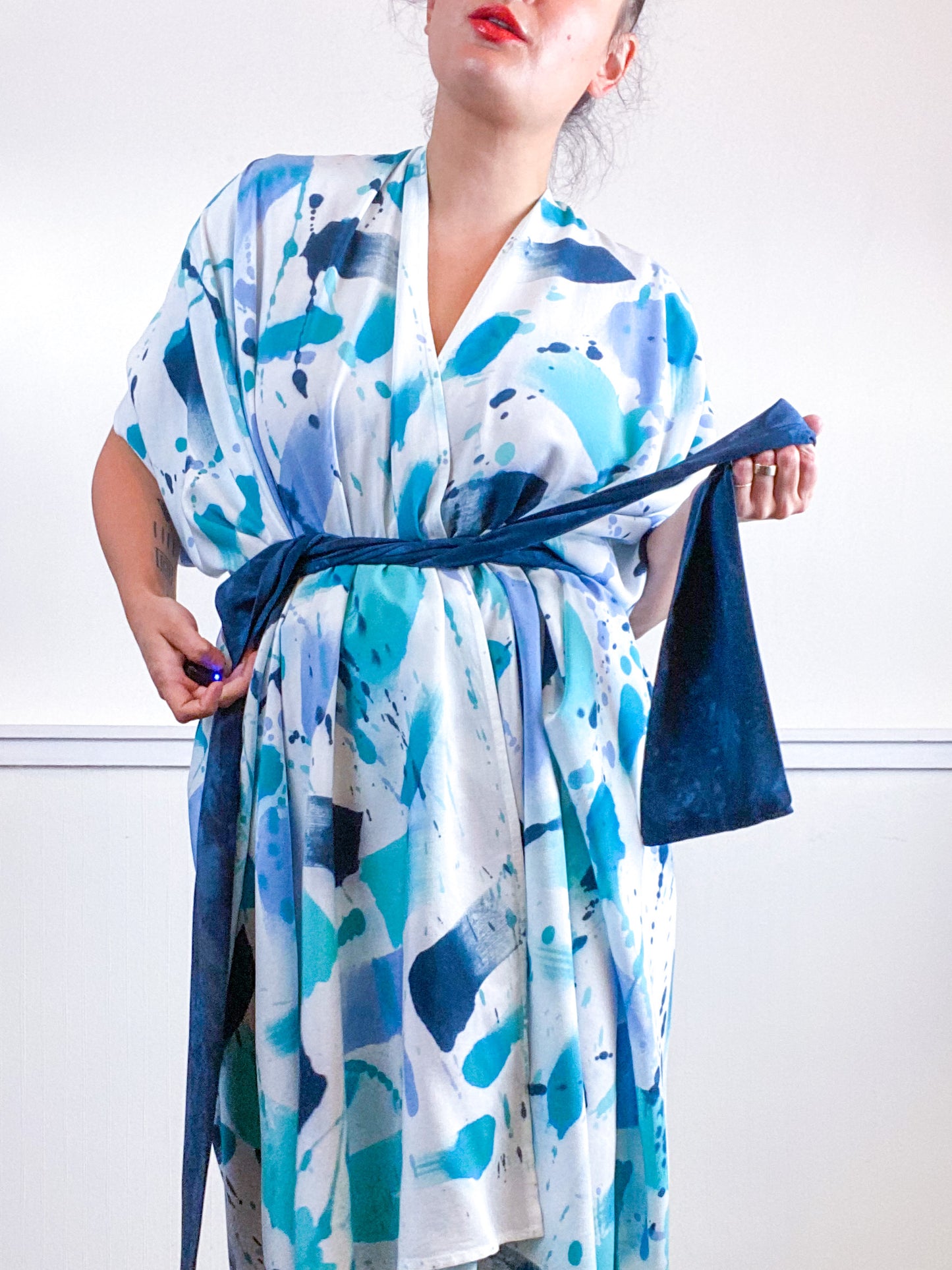 OOAK Hand-Dyed High Low Kimono Teal Parakeet Baby Blue Aqua Gesture
