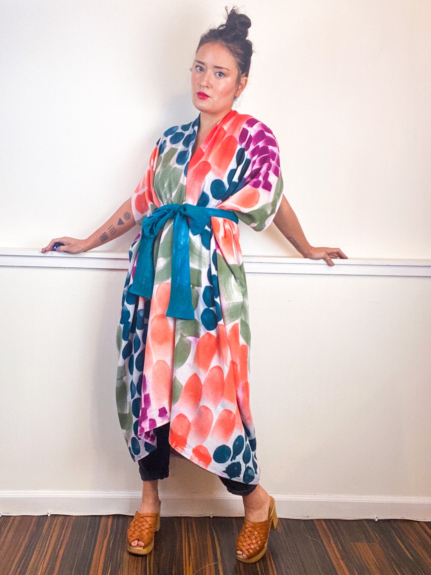 OOAK Hand-Dyed High Low Kimono Amethyst Coral Teal Sage