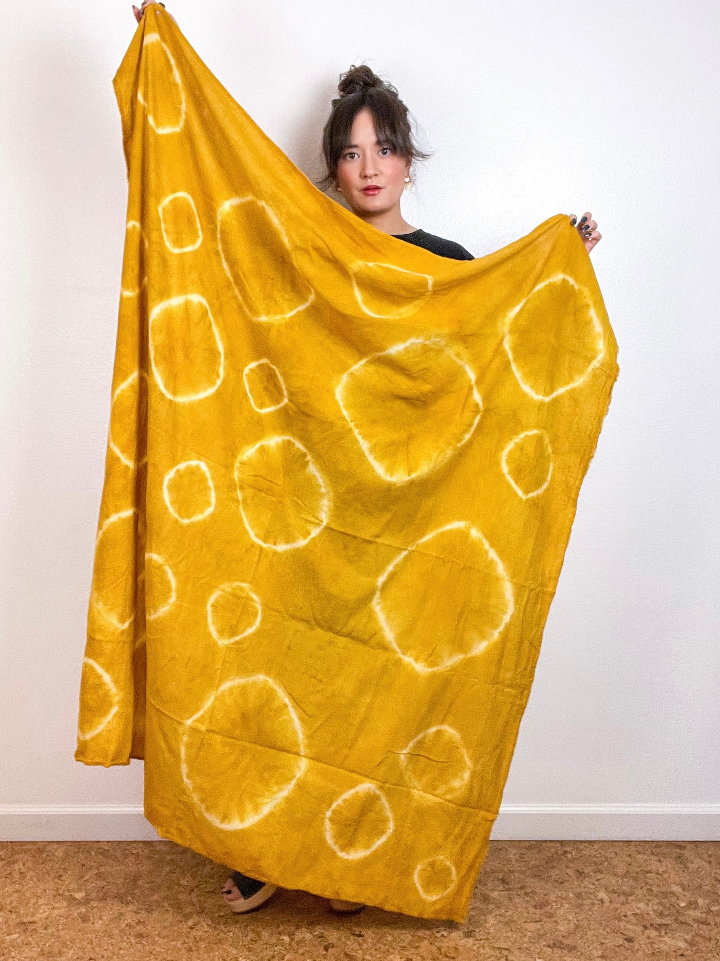 Hand-Dyed Gauze Blanket Scarf Marigold Circles