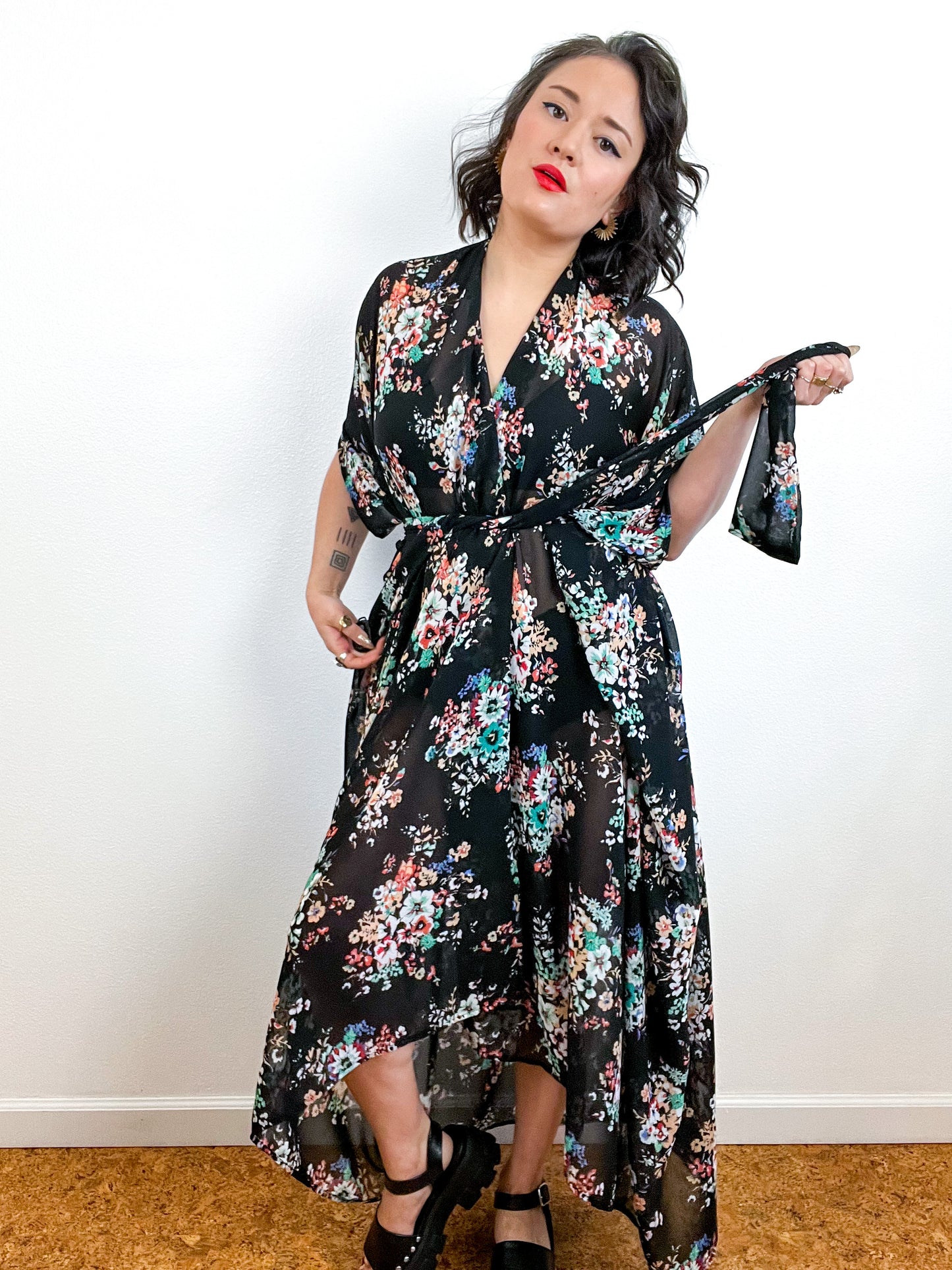 Print High Low Kimono Black Floral Bouquet Chiffon
