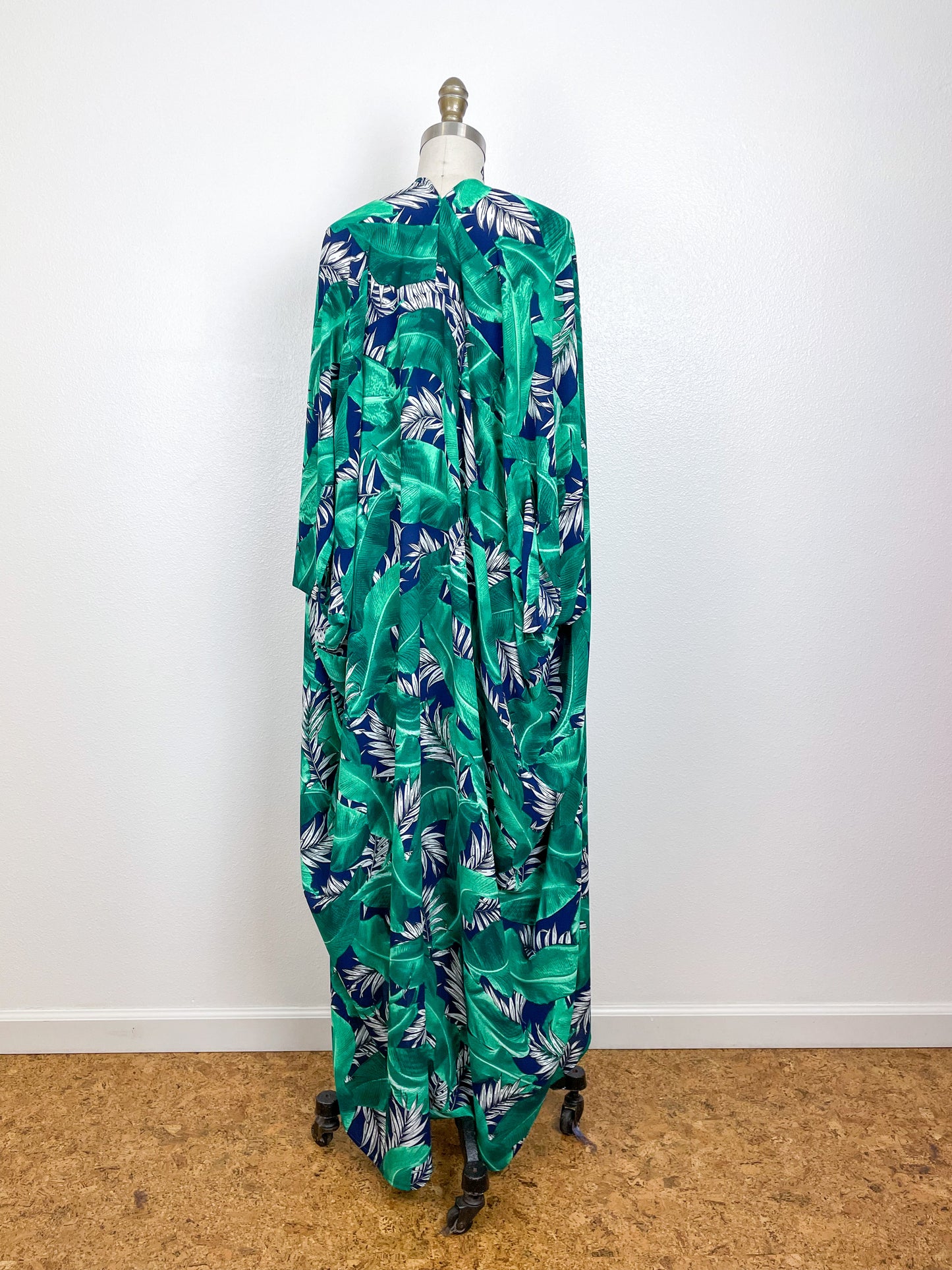 Print High Low Kimono Navy Green Palms Bubble Crepe