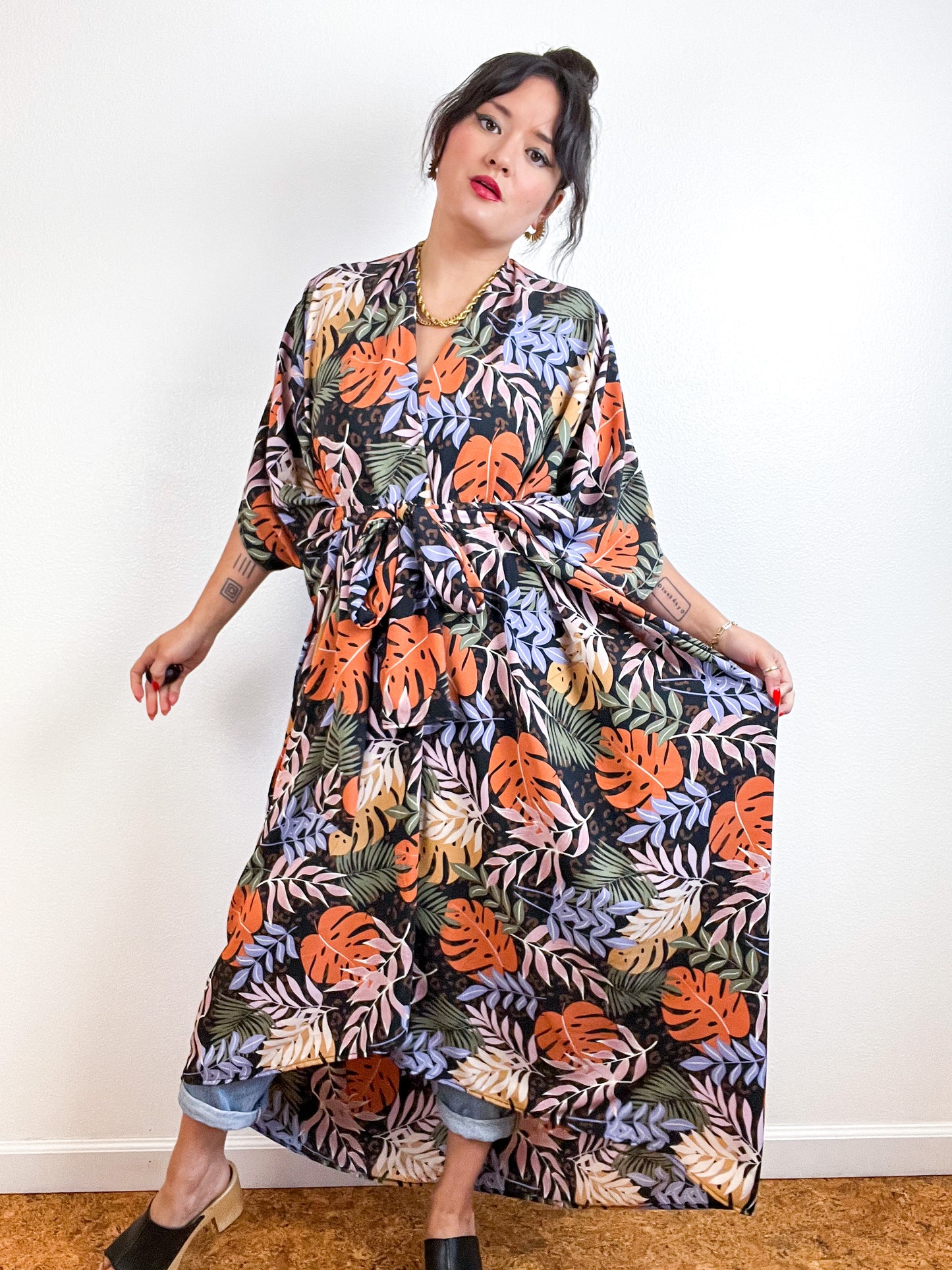 Print High Low Kimono Earthy Tropical Crepe
