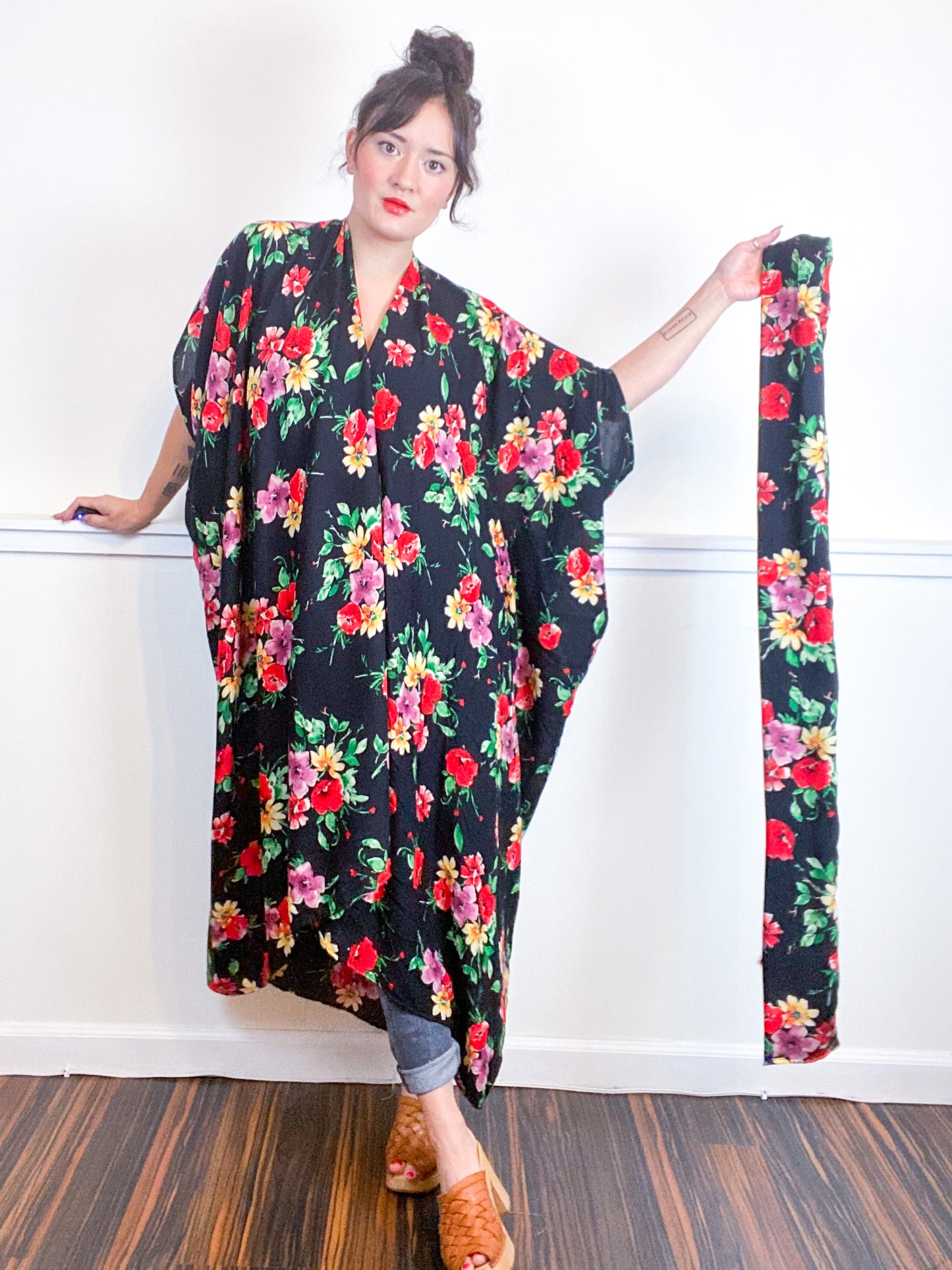 Print High Low Kimono Black Red Floral Rayon Challis