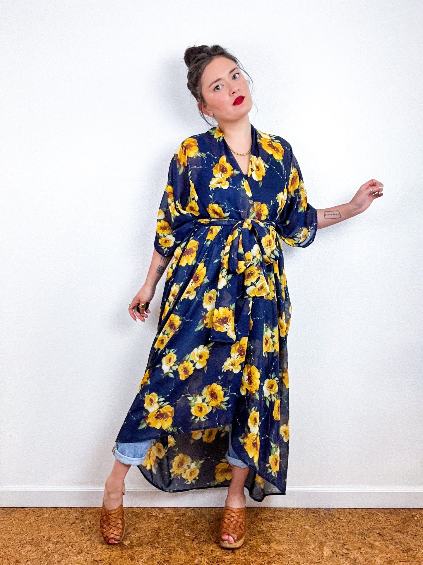 Print High Low Kimono Navy Yellow Floral Chiffon