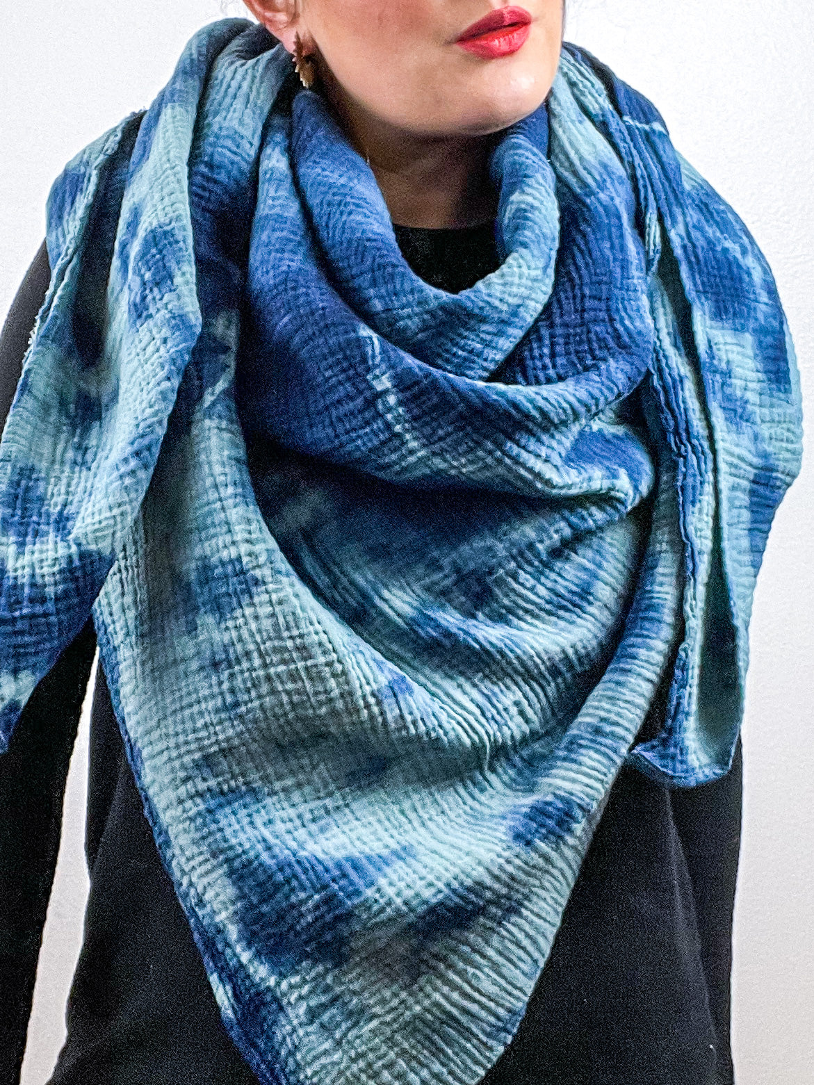 Hand-Dyed Cotton Blanket Scarf Sage Indigo Lines