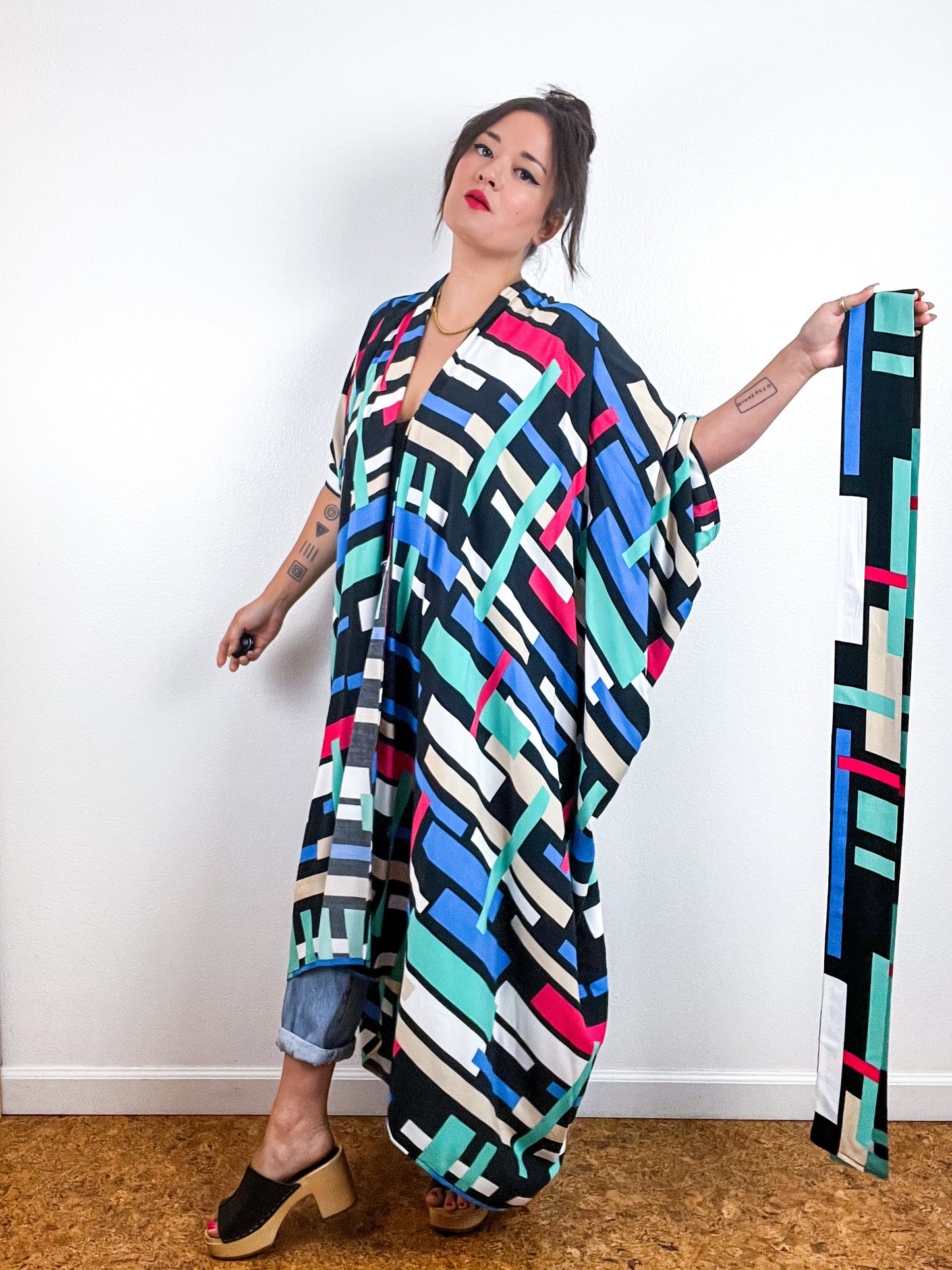 Print High Low Kimono Multicolor Rectangles Challis
