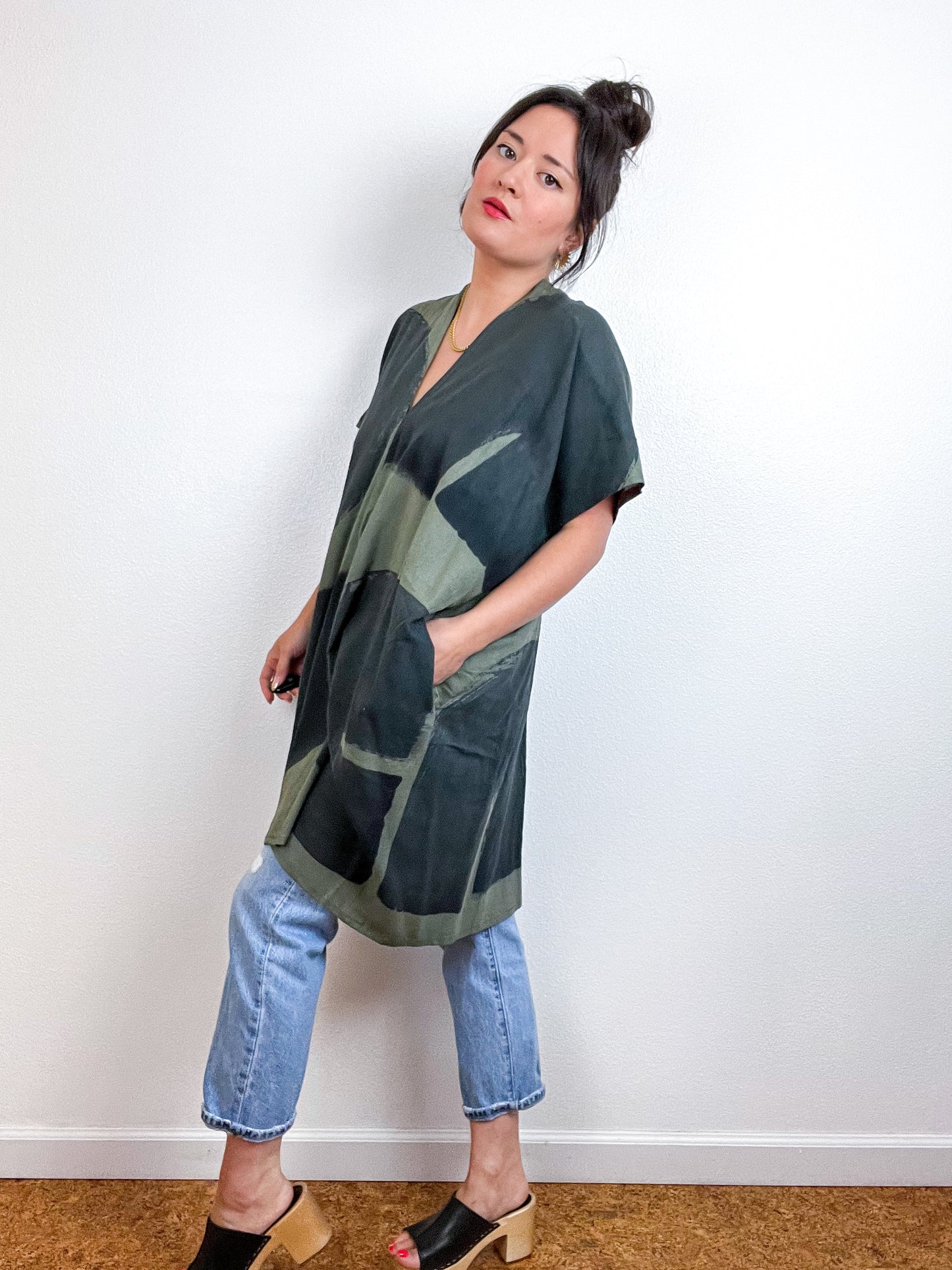Hand-Dyed Mini Smock Dress Olive Black Brush