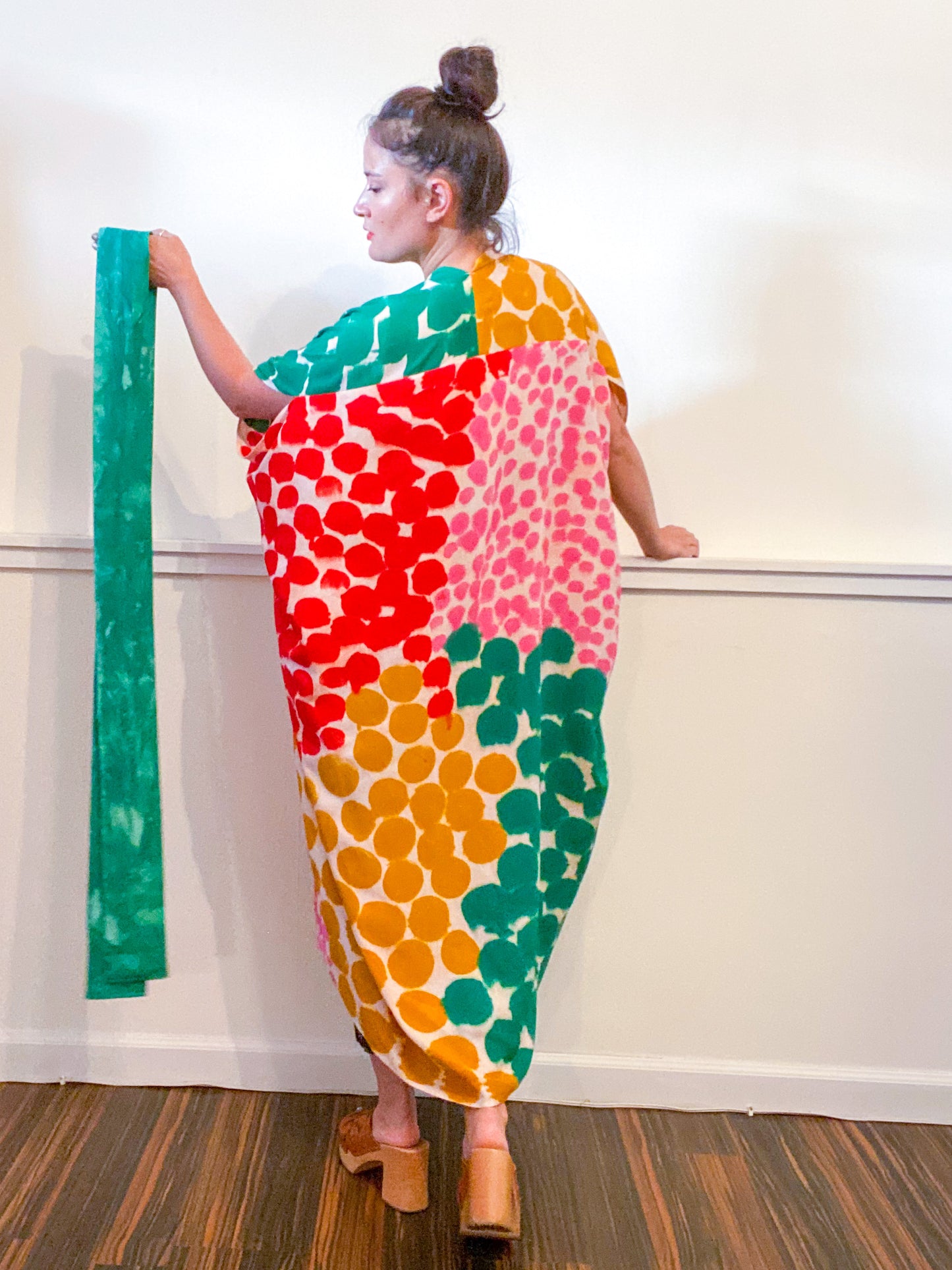 Limited Edition Hand-Dyed High Low Kimono Emerald Scarlet Pink Marigold