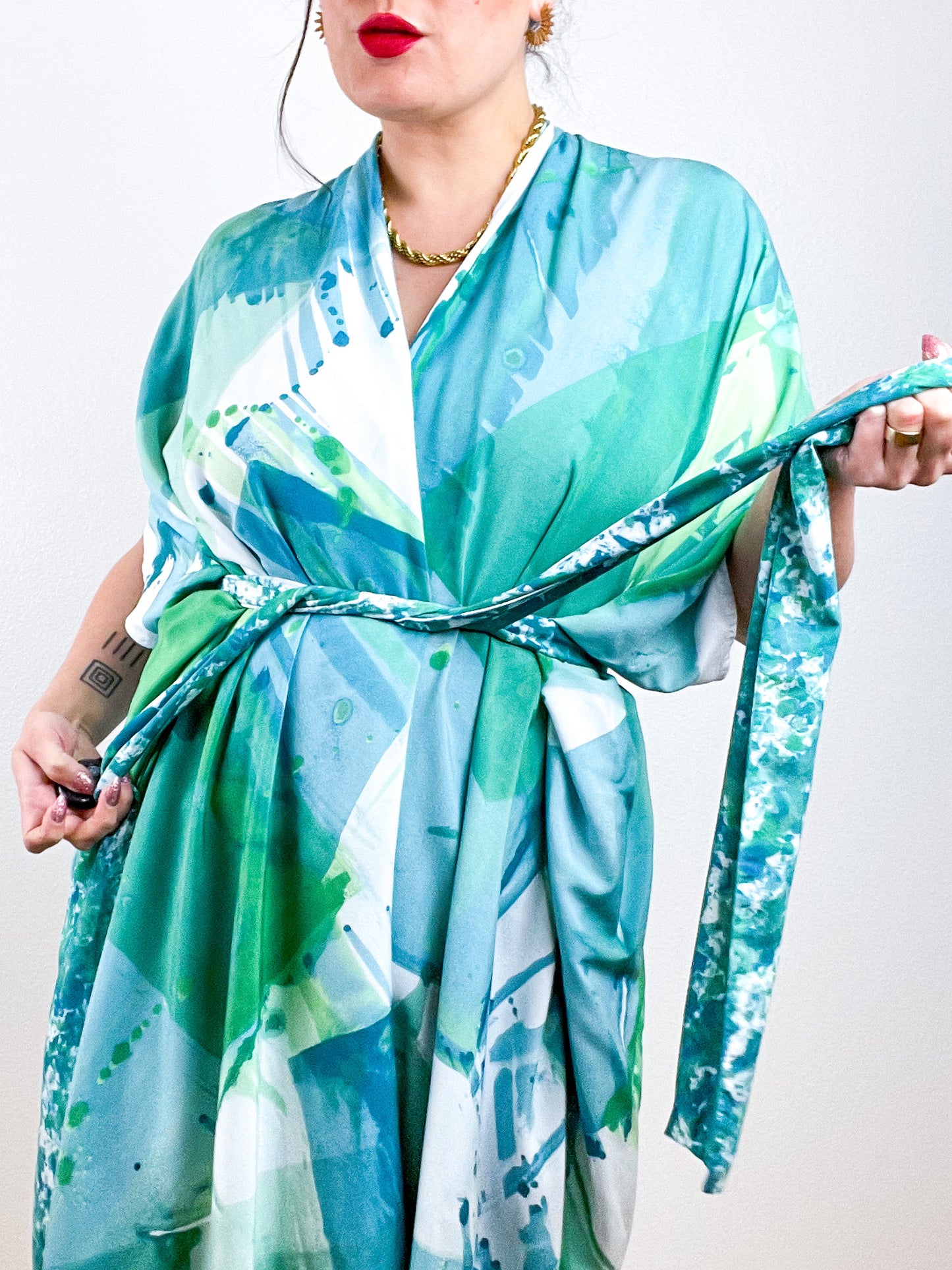 Hand-Dyed High Low Kimono Green Teal Prism