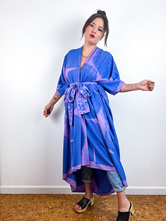 Hand-Dyed High Low Kimono Lilac Periwinkle Brushstroke