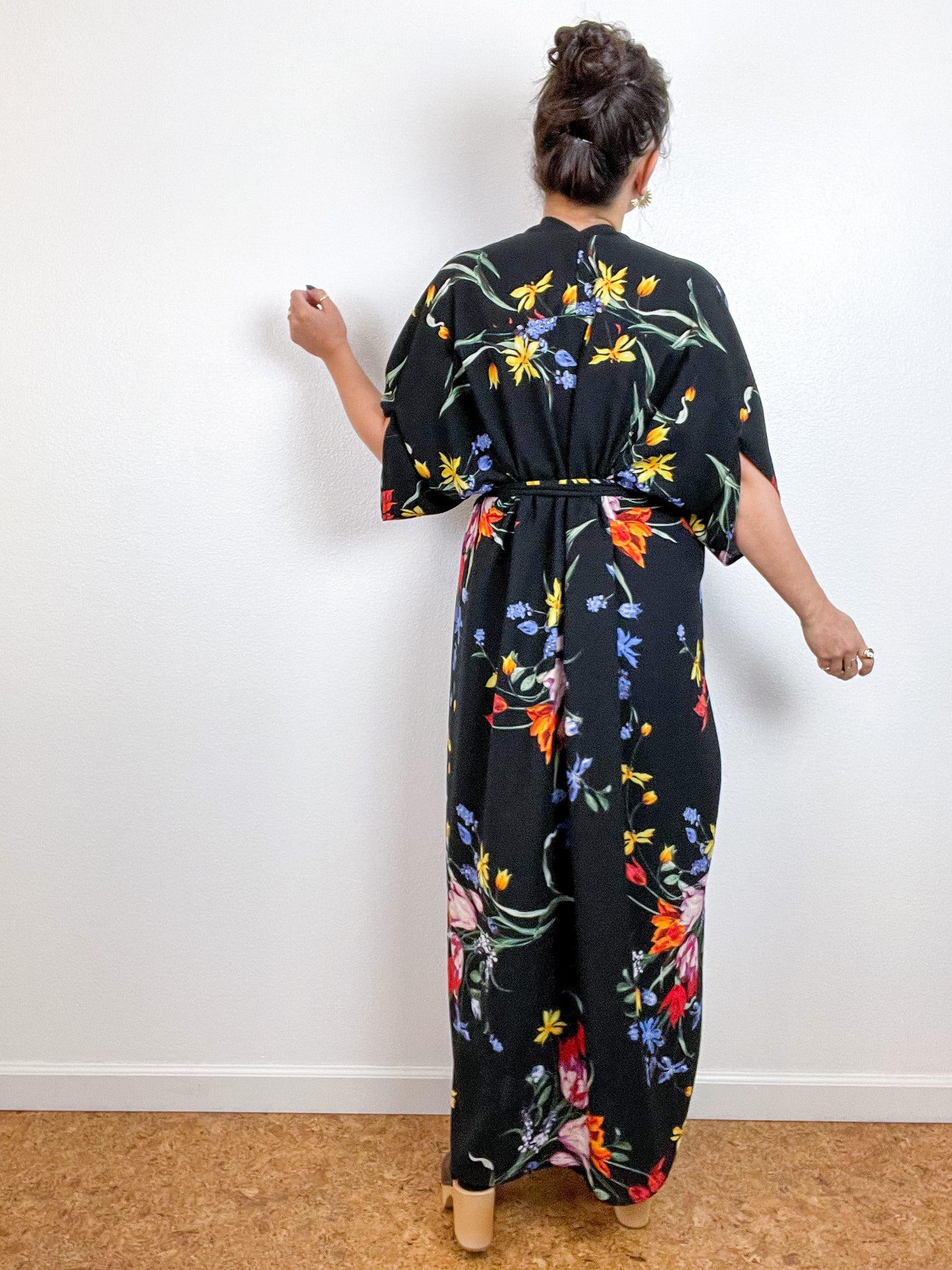 Print High Low Kimono Black Tulip Bubble Crepe