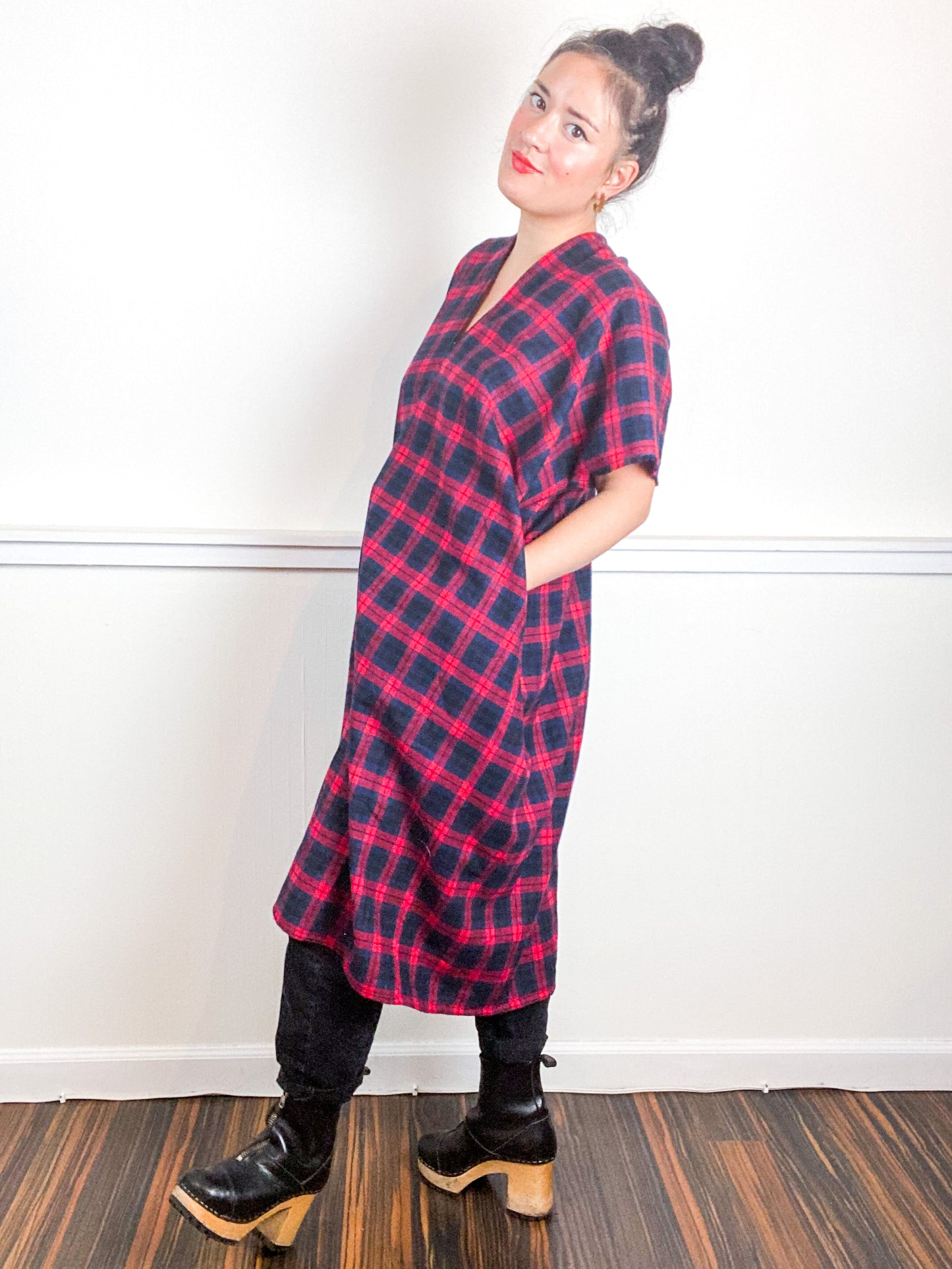 Plaid Smock Dress Red Navy