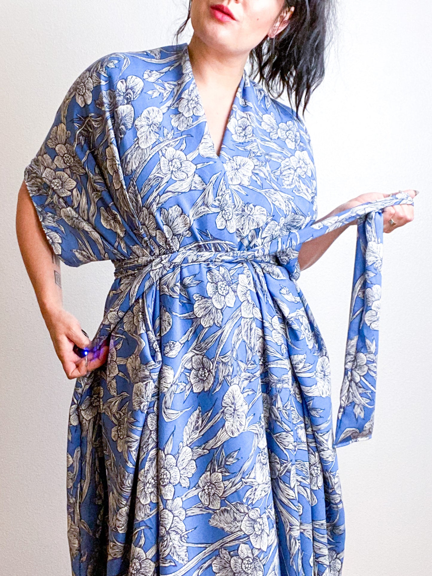 Print High Low Kimono Blue Floral Challis