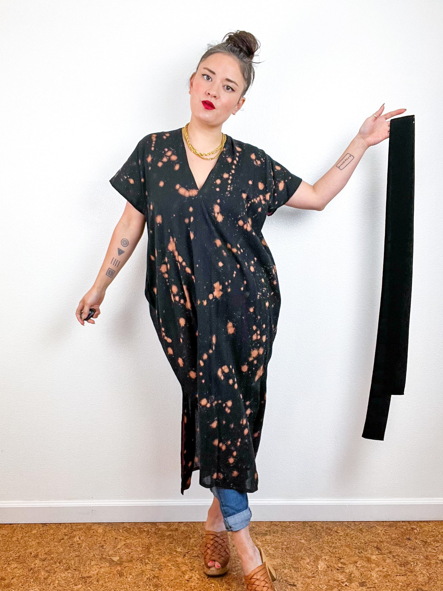 Single Gauze Midi Caftan Dress Black Rust Speckle