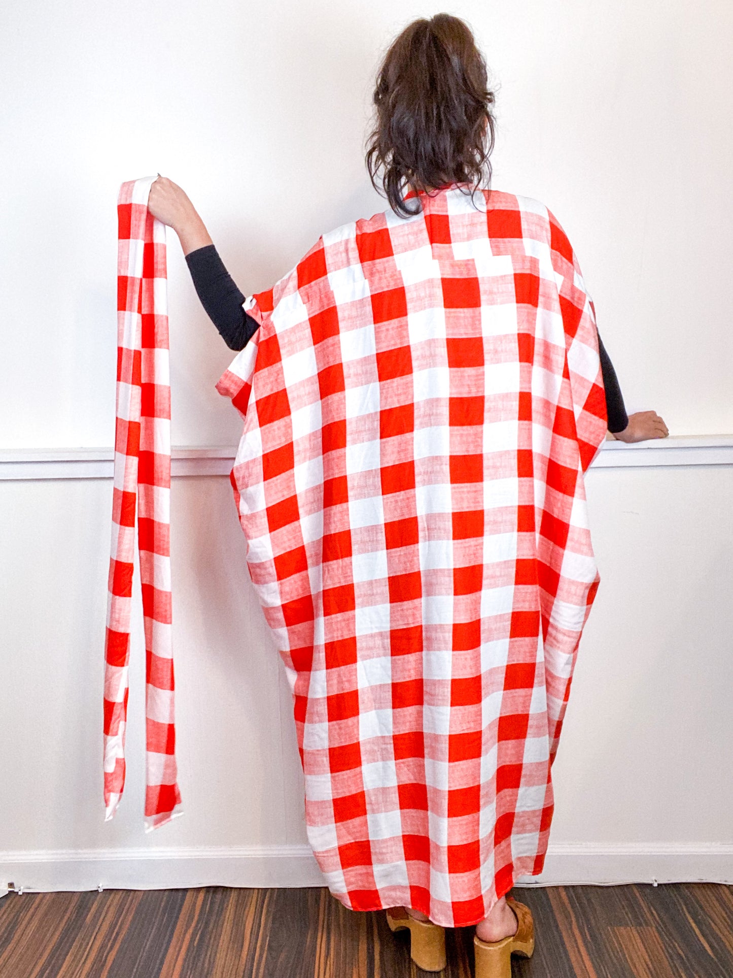Print High Low Kimono Orange White Checker Rayon Challis