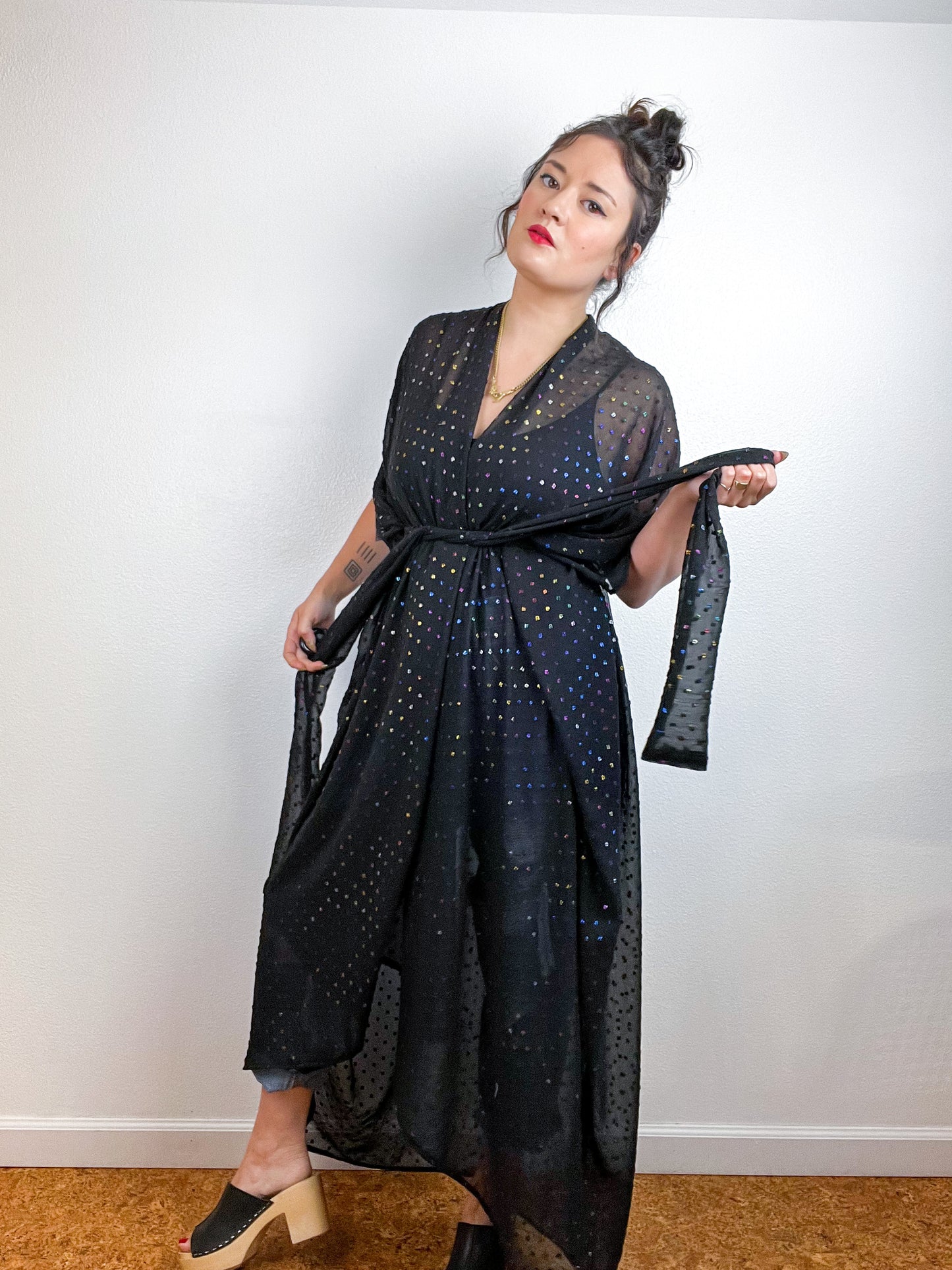Solid High Low Kimono Black Metallic Rainbow Swiss Dot Chiffon