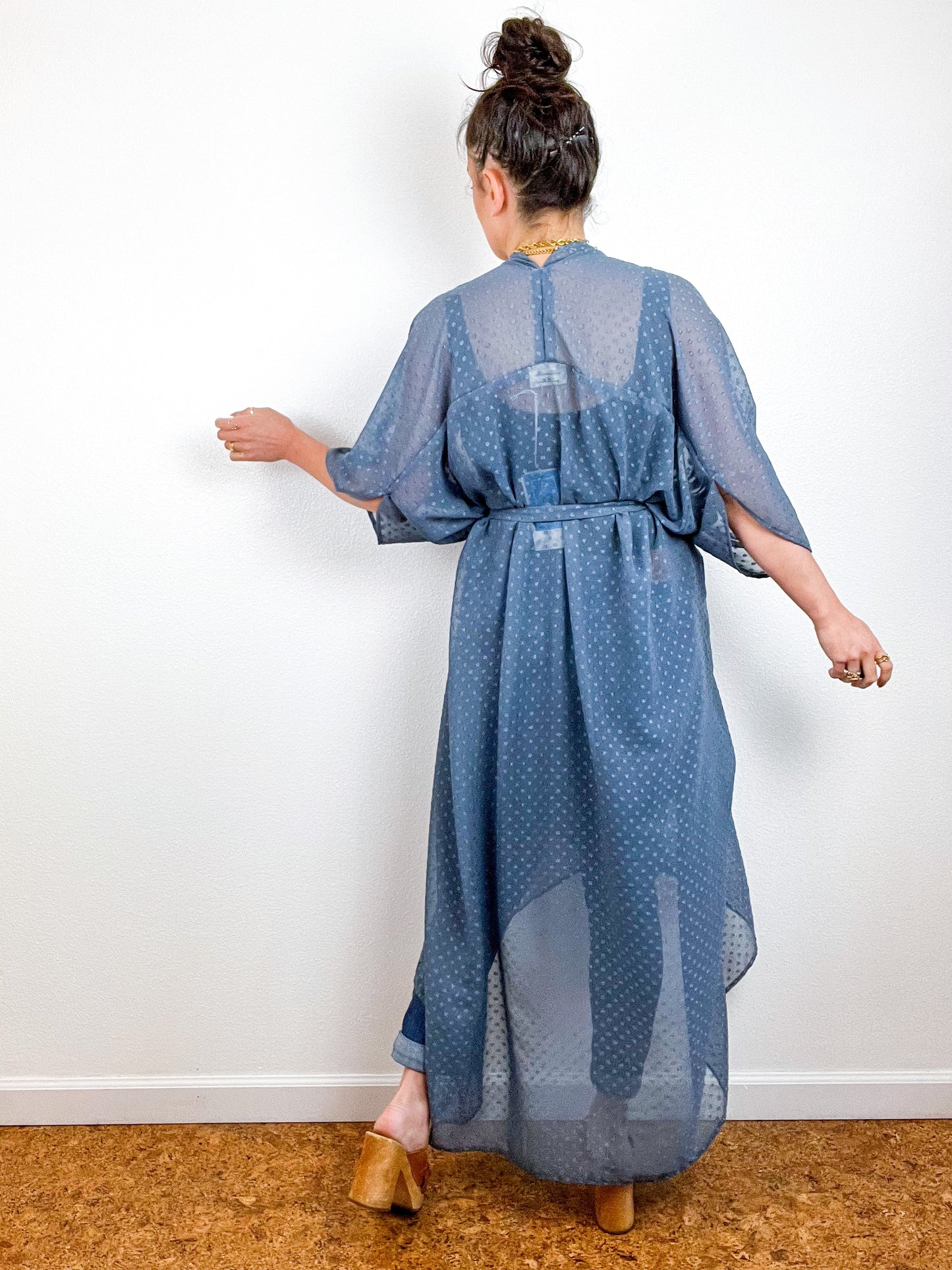 Solid High Low Kimono Slate Grey Swiss Dot Chiffon