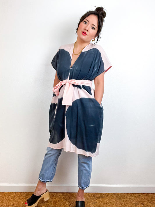 Single Gauze Mini Caftan Dress Blush Graphite Brushstrokes