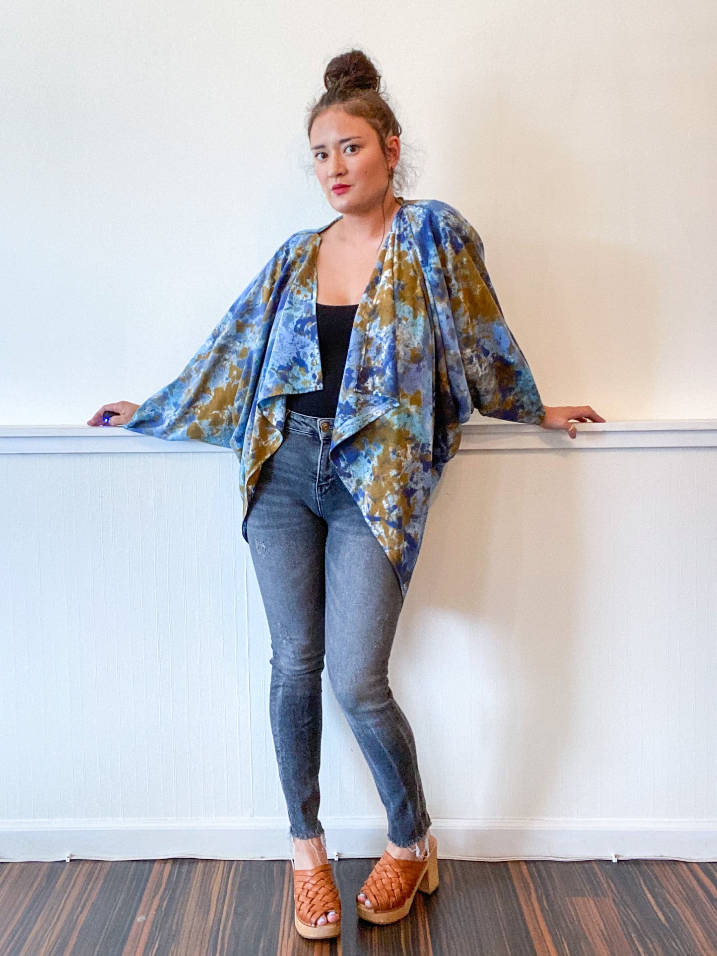 Hand-Dyed Waterfall Kimono Blue Bronze Splatter